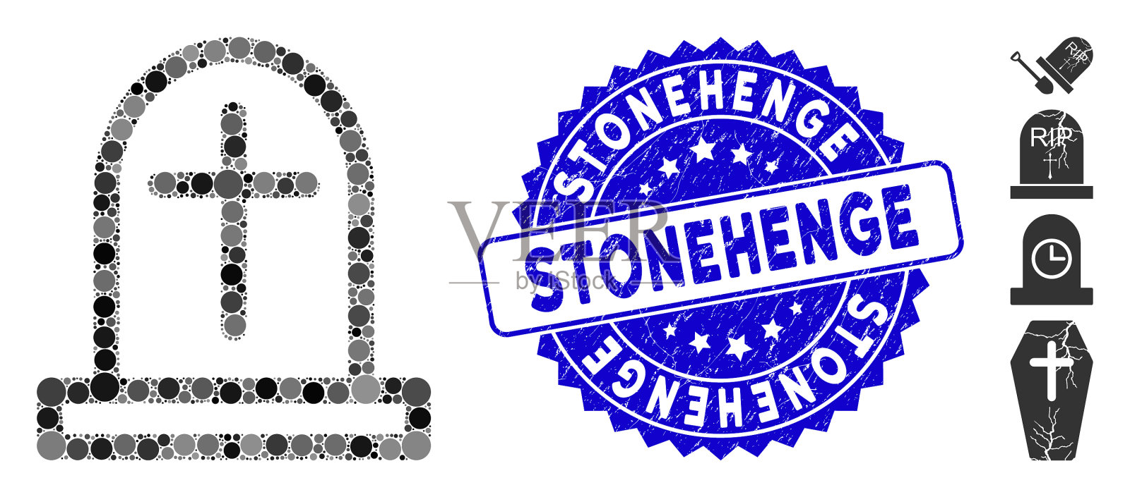 马赛克墓碑图标与grunge巨石阵邮票插画图片素材