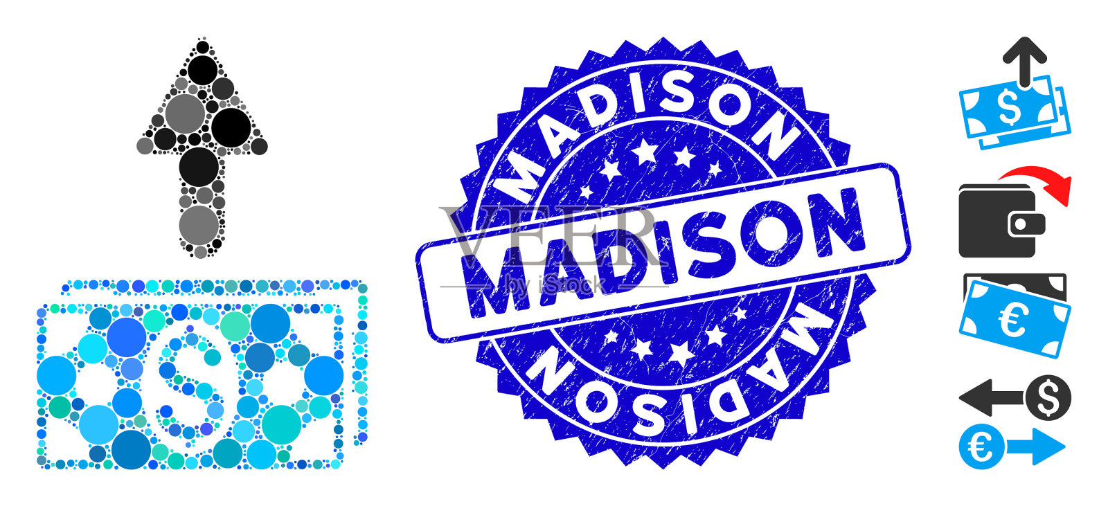 拼贴寄钞票的图标上有刻字的麦迪逊插画图片素材