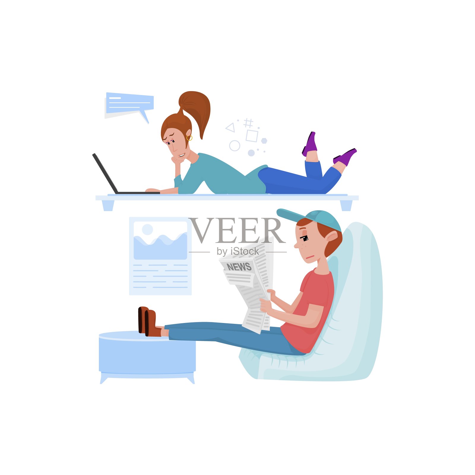 男人和女人用平板电脑看新闻,保持社交距离,或者远程工作插画图片素材