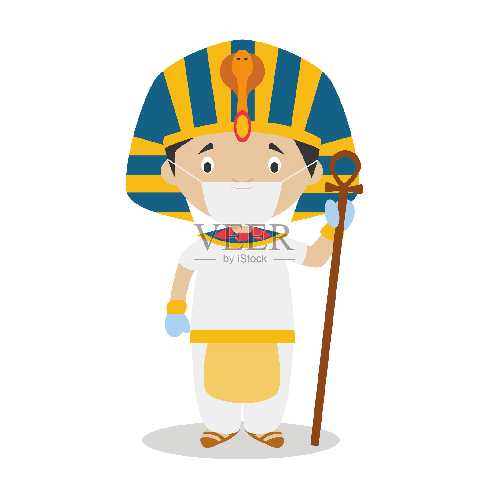 埃及人物穿着传统的古埃及法老的服装,戴着外科手术口罩和乳胶手套,以防止突发卫生事件插画图片素材