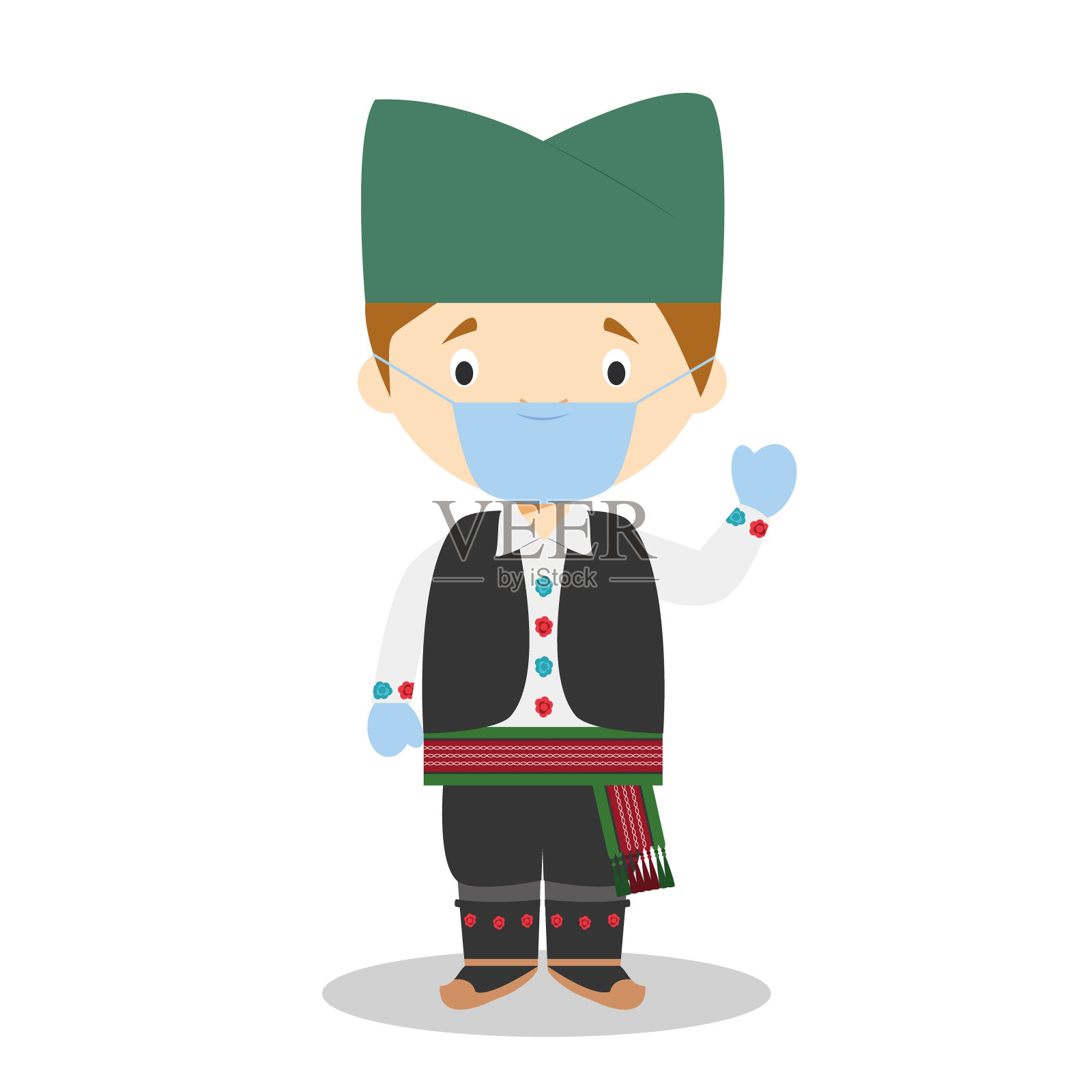 塞尔维亚人穿着传统服装,戴着医用口罩和乳胶手套,以保护自己不受卫生紧急情况的影响插画图片素材