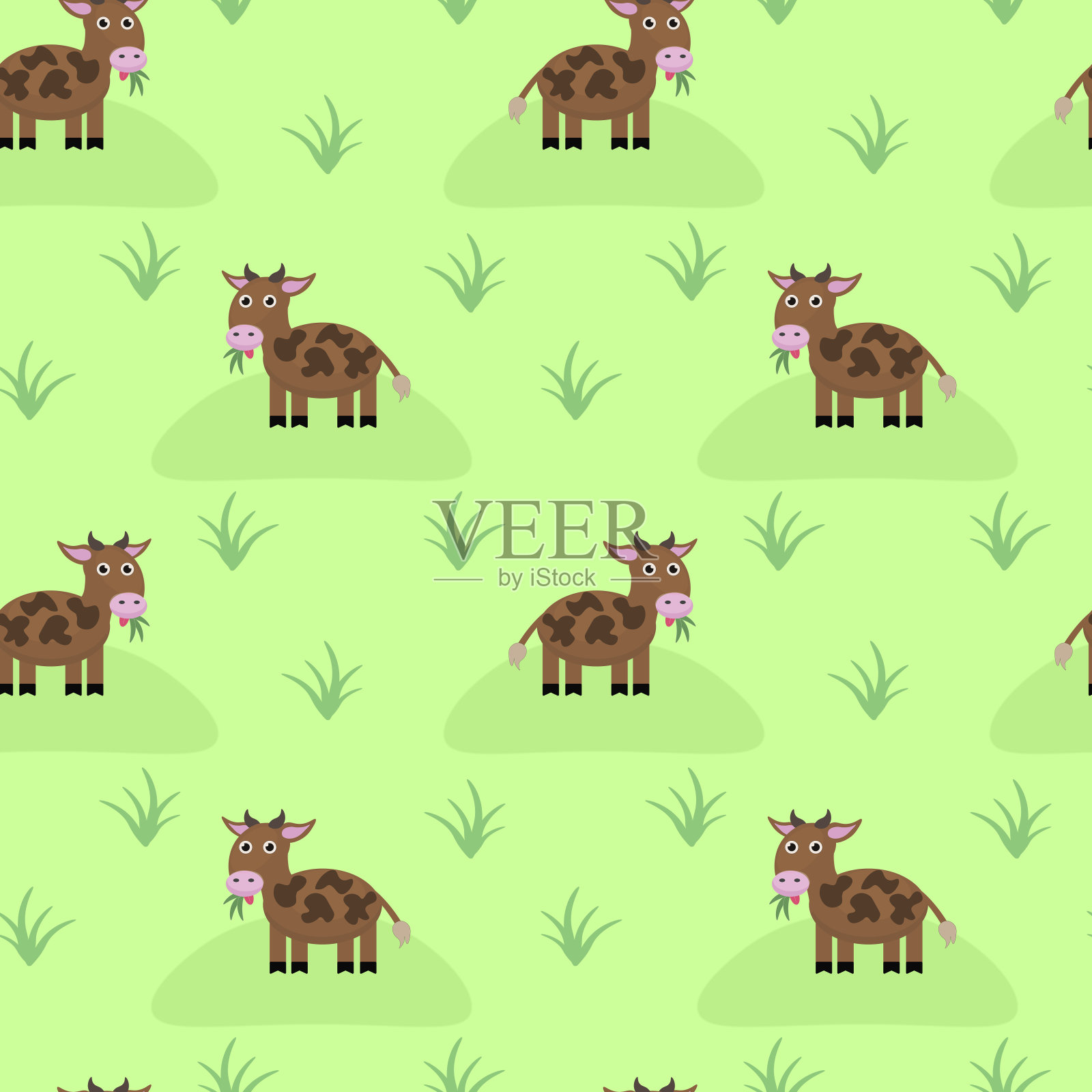 草地上的牛。无缝图案,儿童绘画。有趣的插图。插画图片素材