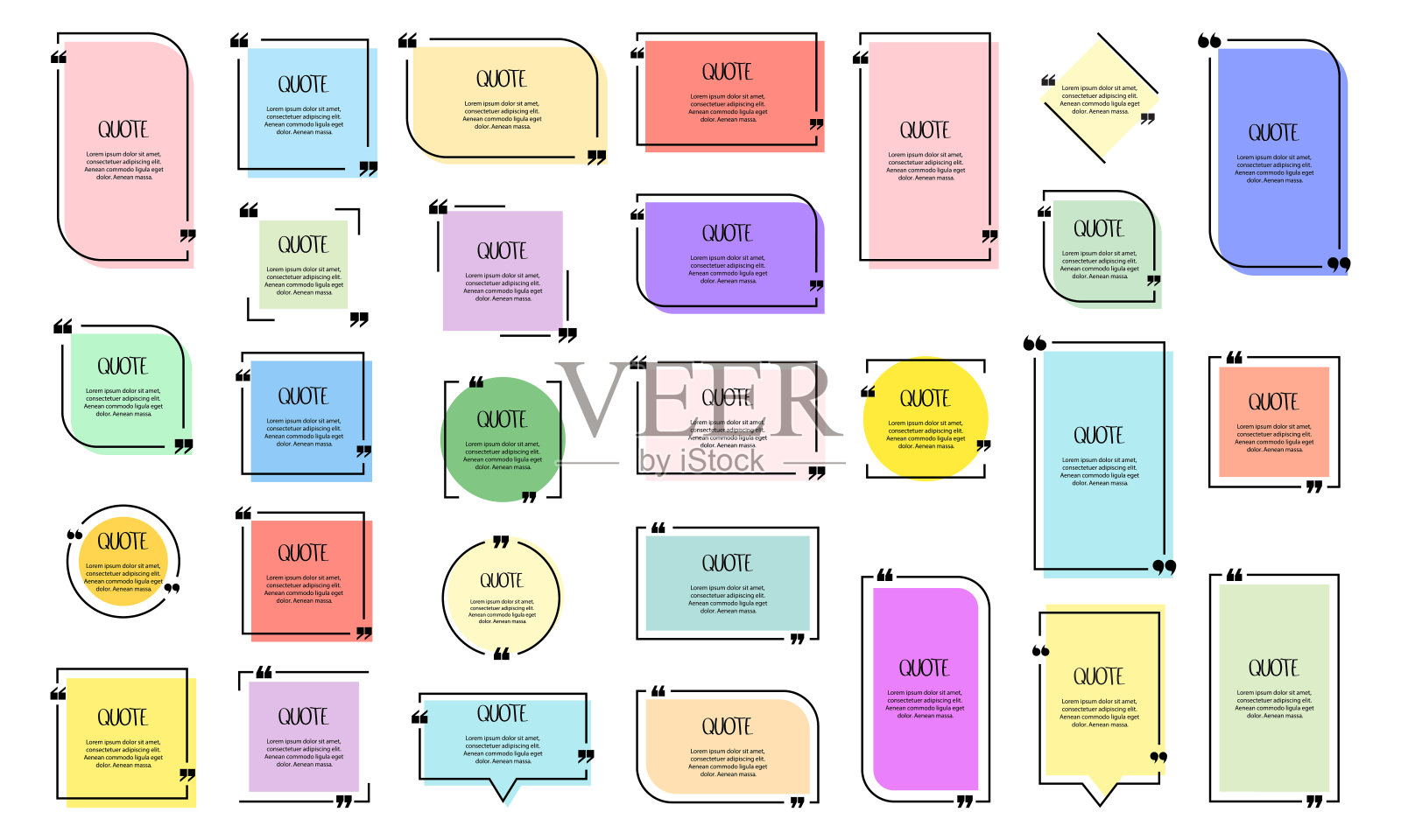 一套现代引用气泡,评论模板。各种框架,薄而干净的样本,非常适合网络,应用程序,书籍,排版。白色背景上的引言。插画图片素材
