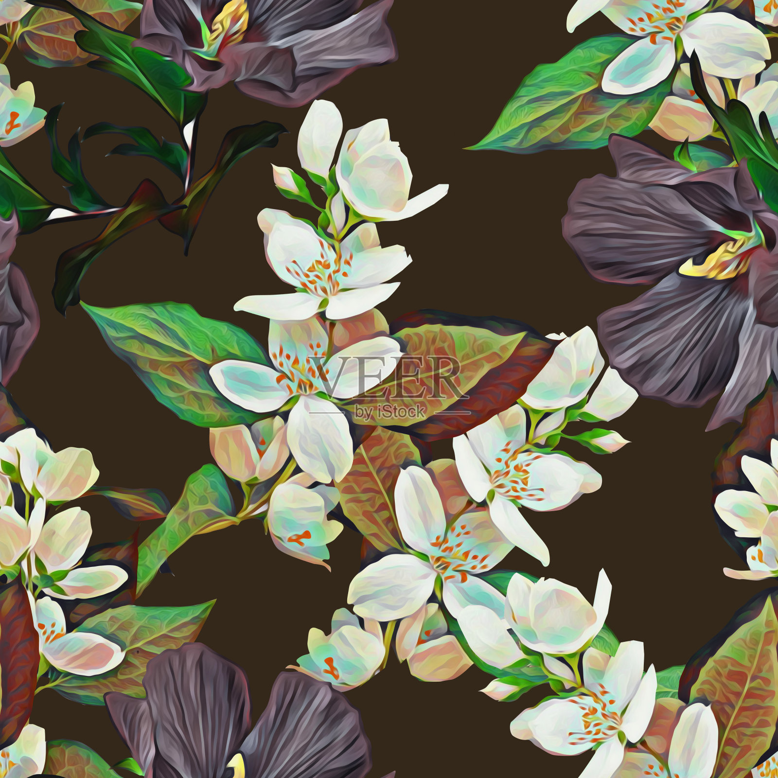 茉莉花花束,图案无缝。插画图片素材