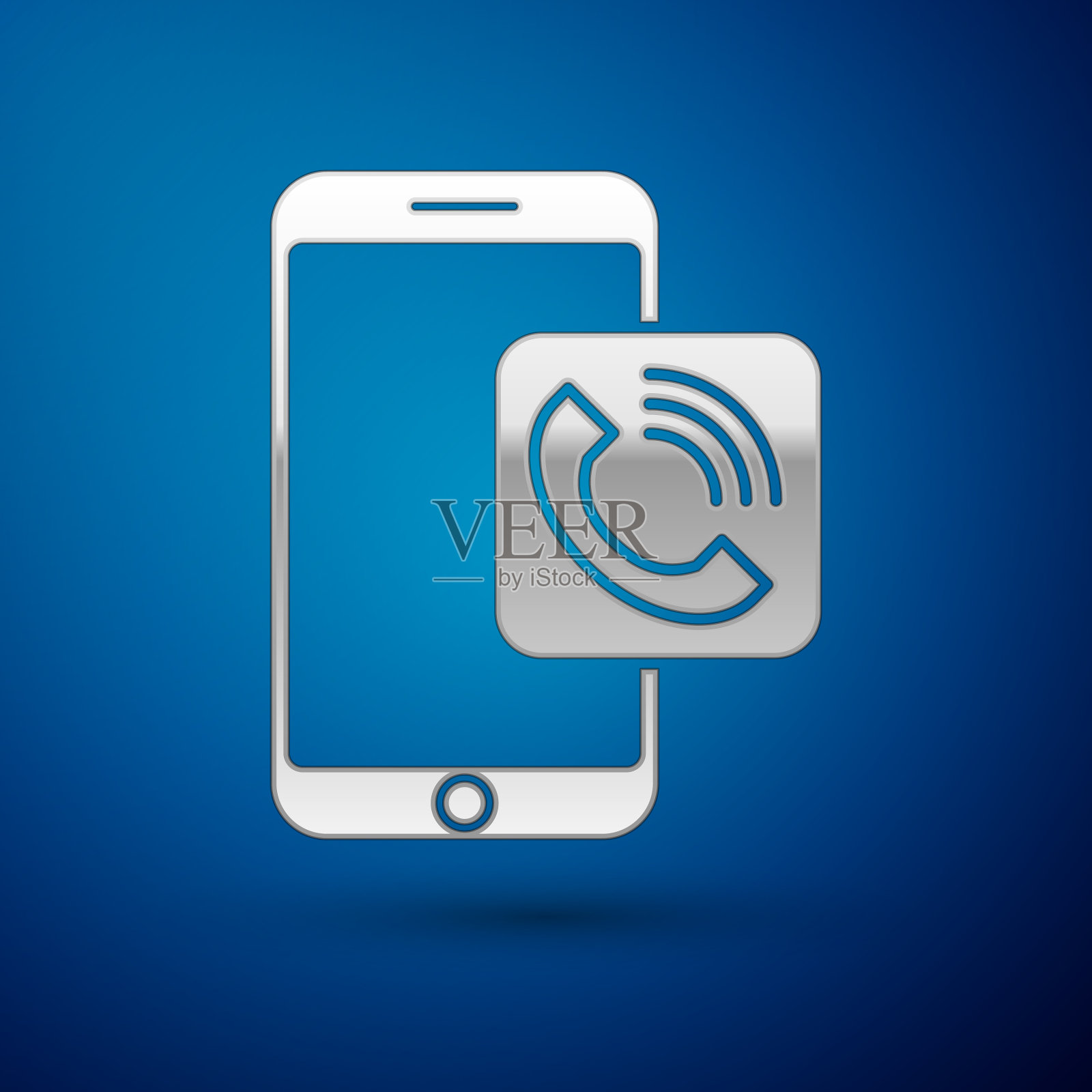 银色移动电话图标孤立在蓝色插画图片素材