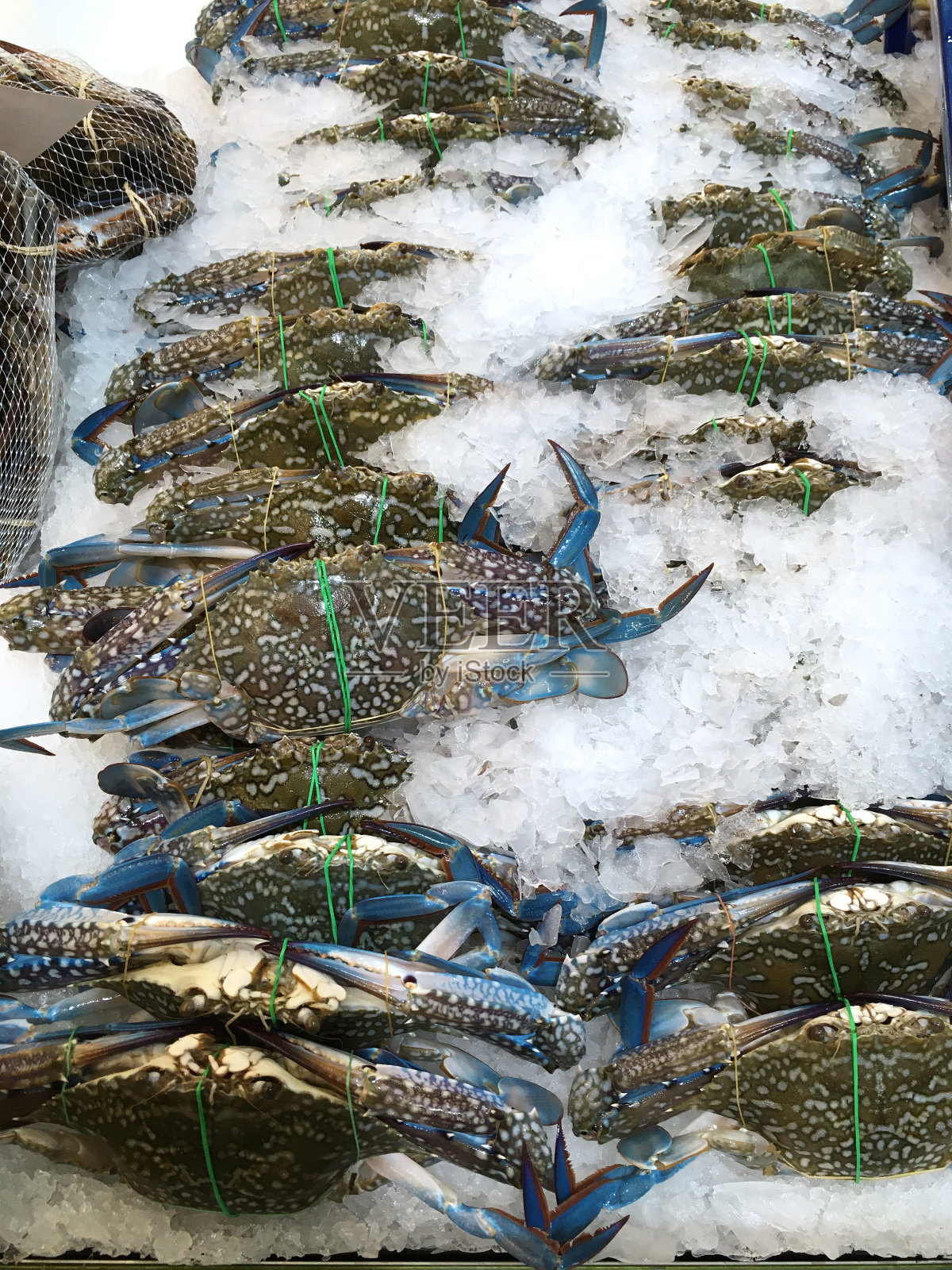 在超市里冰冻生蓝蟹照片摄影图片