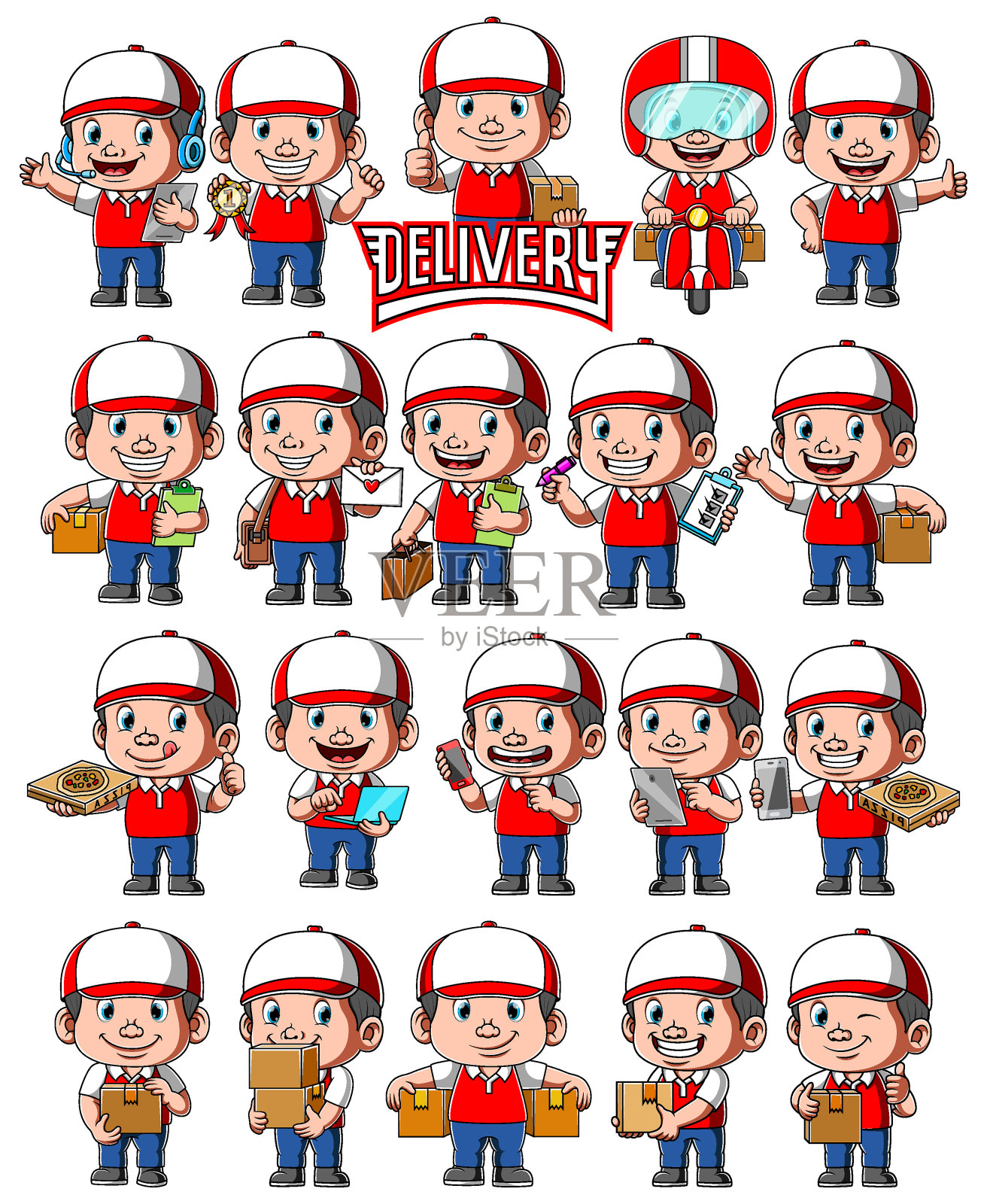 不同姿势的快递员插画图片素材