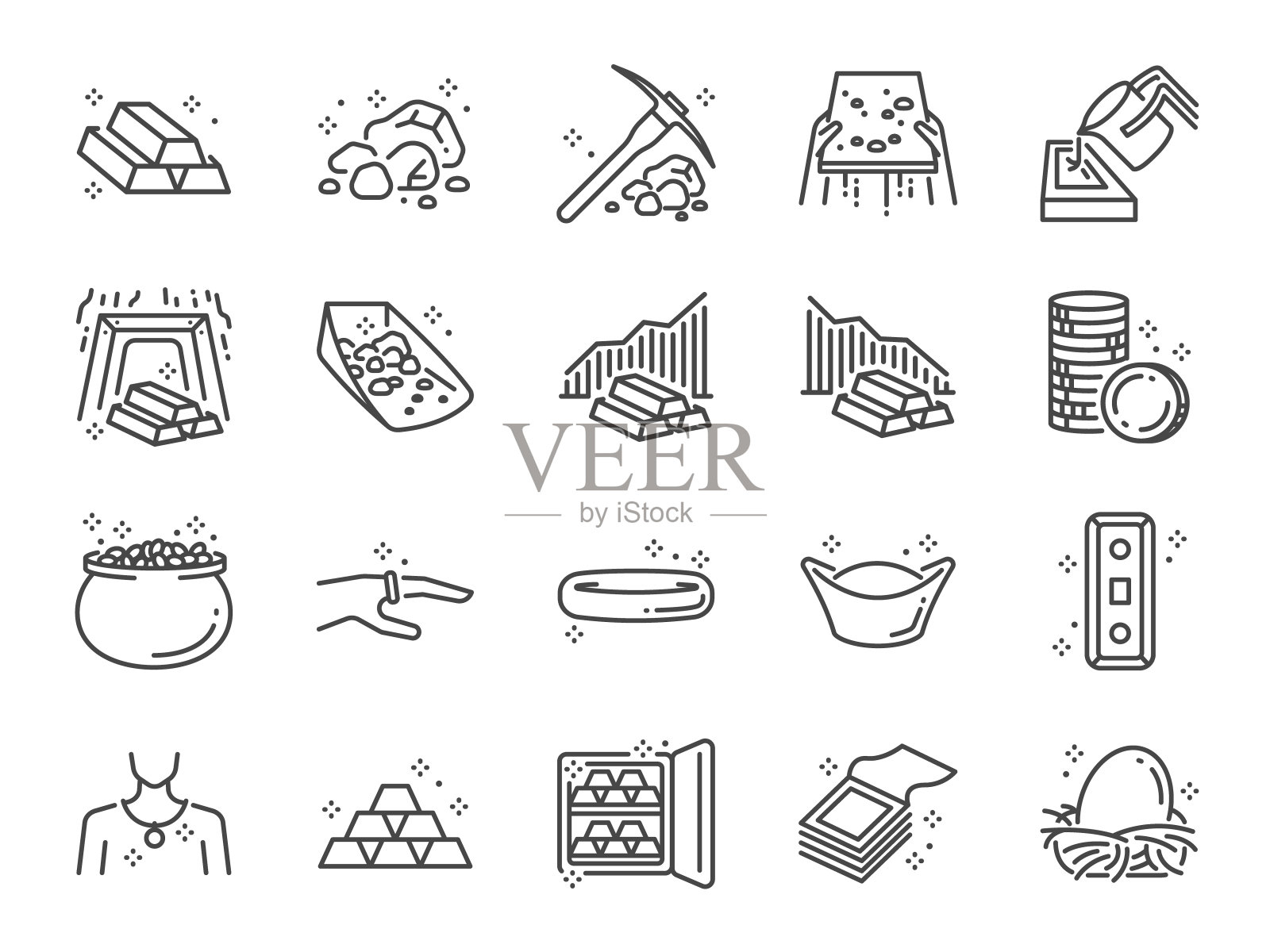 黄金线图标设置。包括图标为黄金,矿山,金条,价格,资产,财富和更多。图标素材