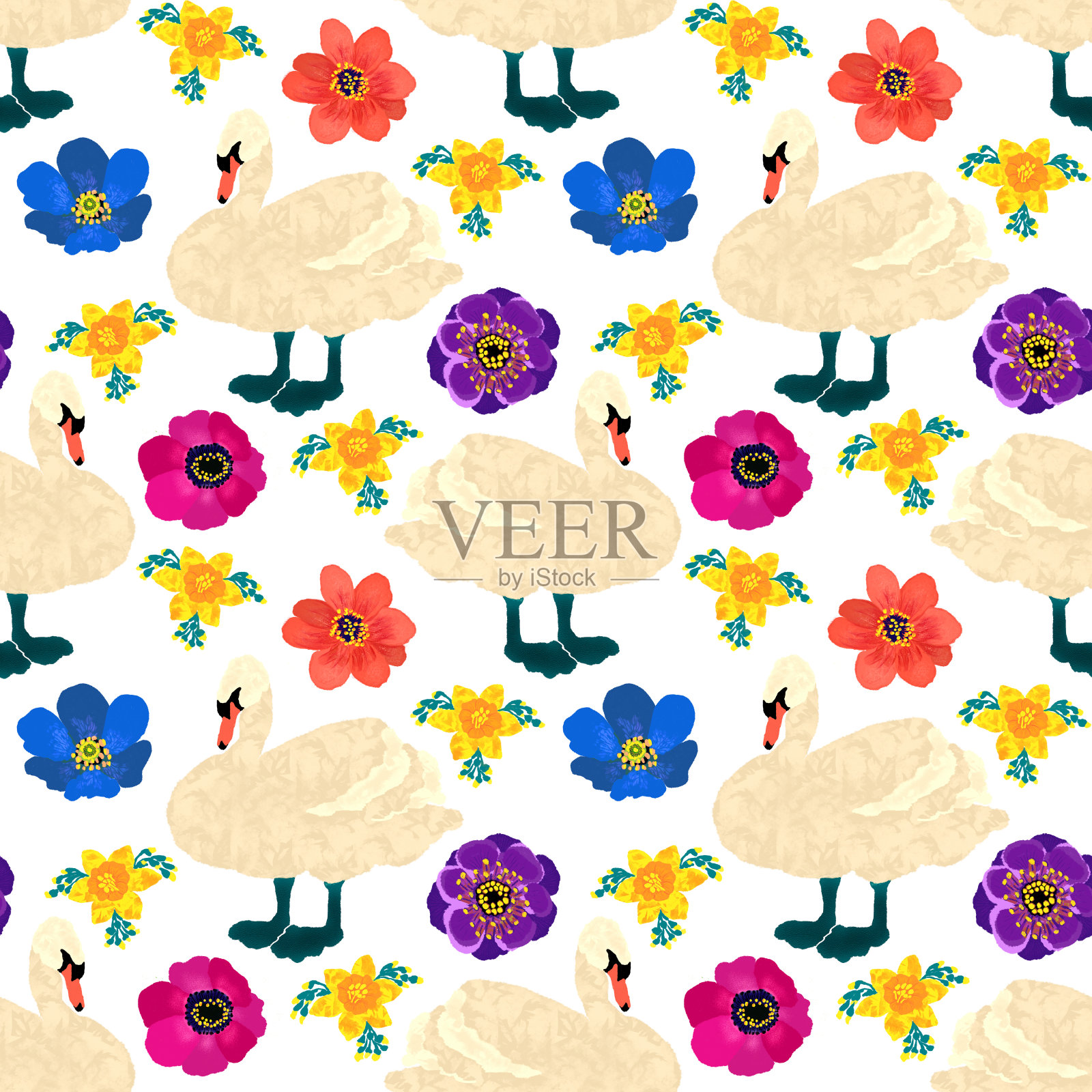 无缝图案天鹅和花,手绘插图插画图片素材