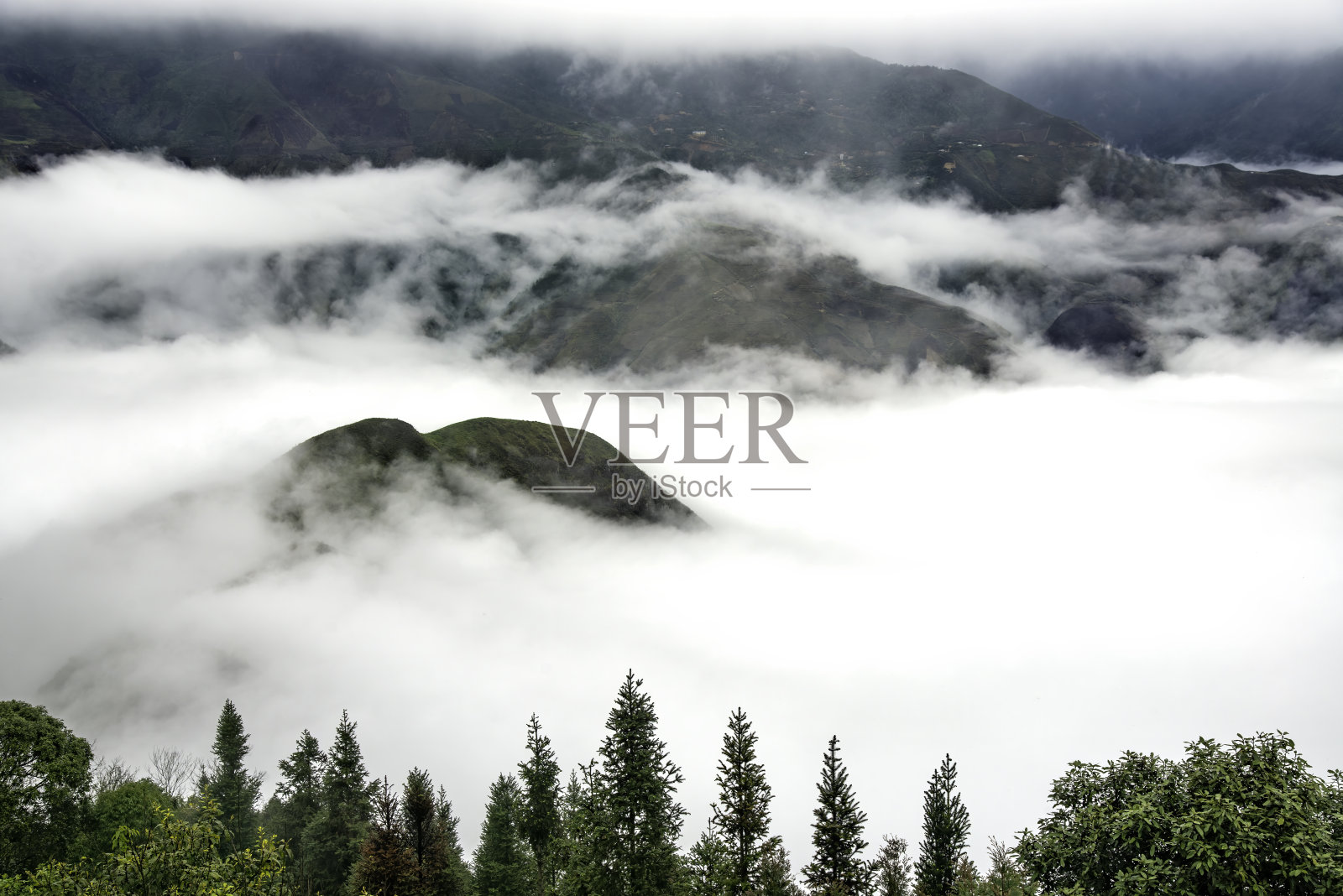 太极拳是越南北部著名的山脉。一年到头,这座山在云层之上升起,产生了云的倒转。照片摄影图片