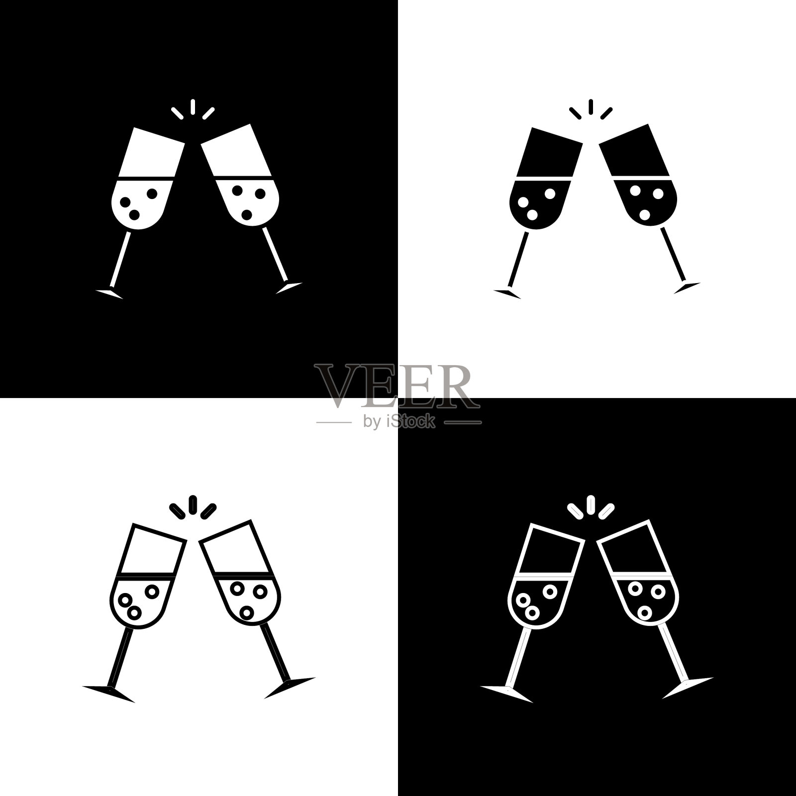 设置玻璃香槟图标孤立在黑色和插画图片素材