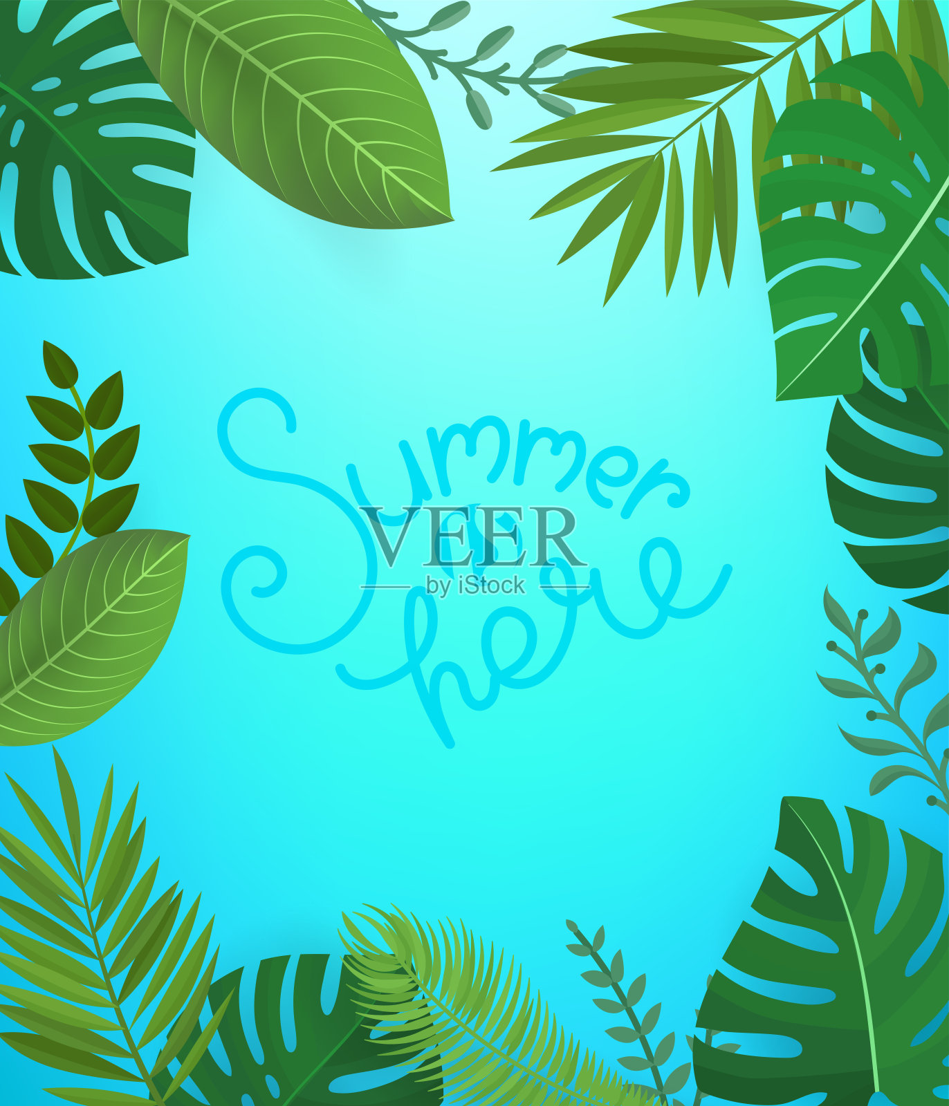 花的背景与字母题词。夏天在这里插画图片素材