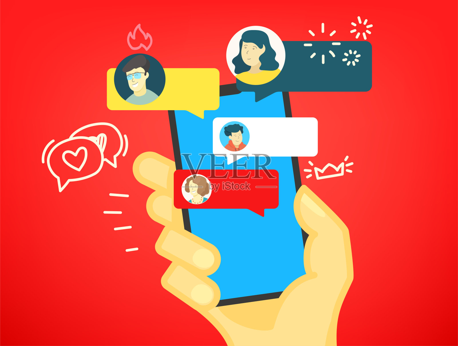 人类使用现代智能手机。聊天的概念。平面插图与涂鸦元素插画图片素材