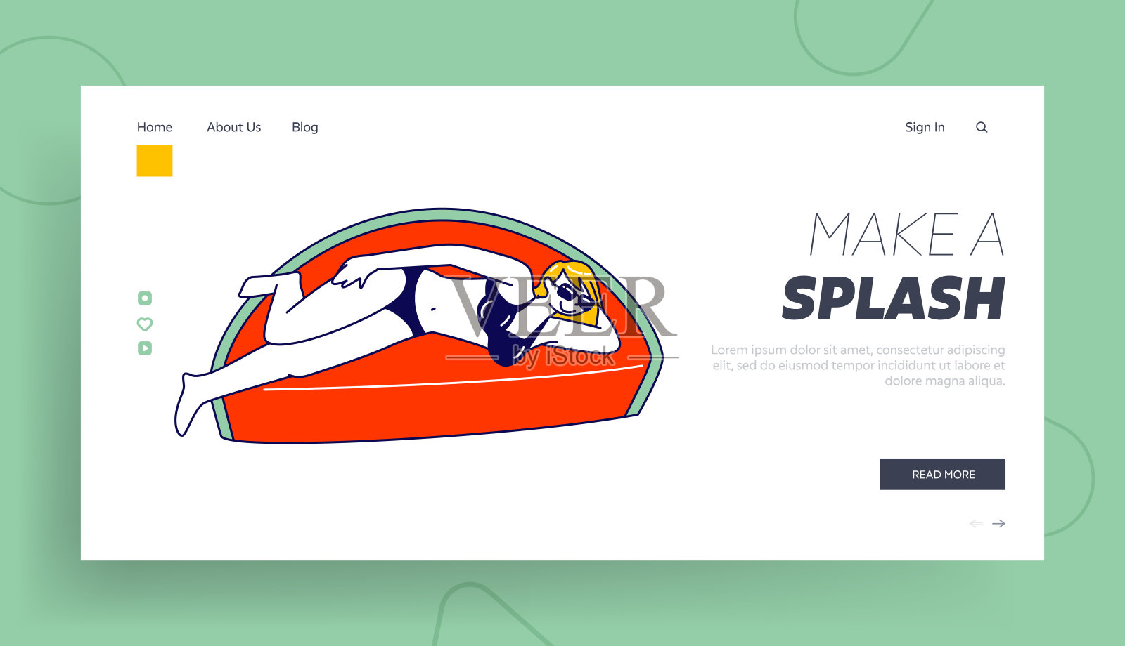 度假,酒店放松在游泳池登陆页面模板。比基尼女角色在西瓜形状的充气床垫上享受夏季假期。线性向量插图插画图片素材