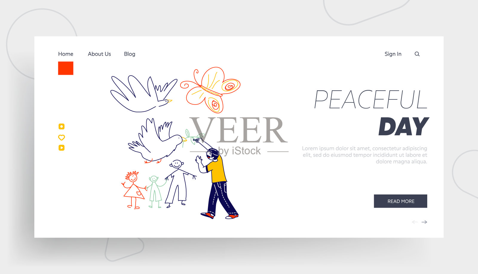 童年,幸福登陆页面模板。小男孩用树枝和幸福家庭画鸽子。白墙上儿童人物画,儿童节或和平日庆祝活动。线性向量插图插画图片素材