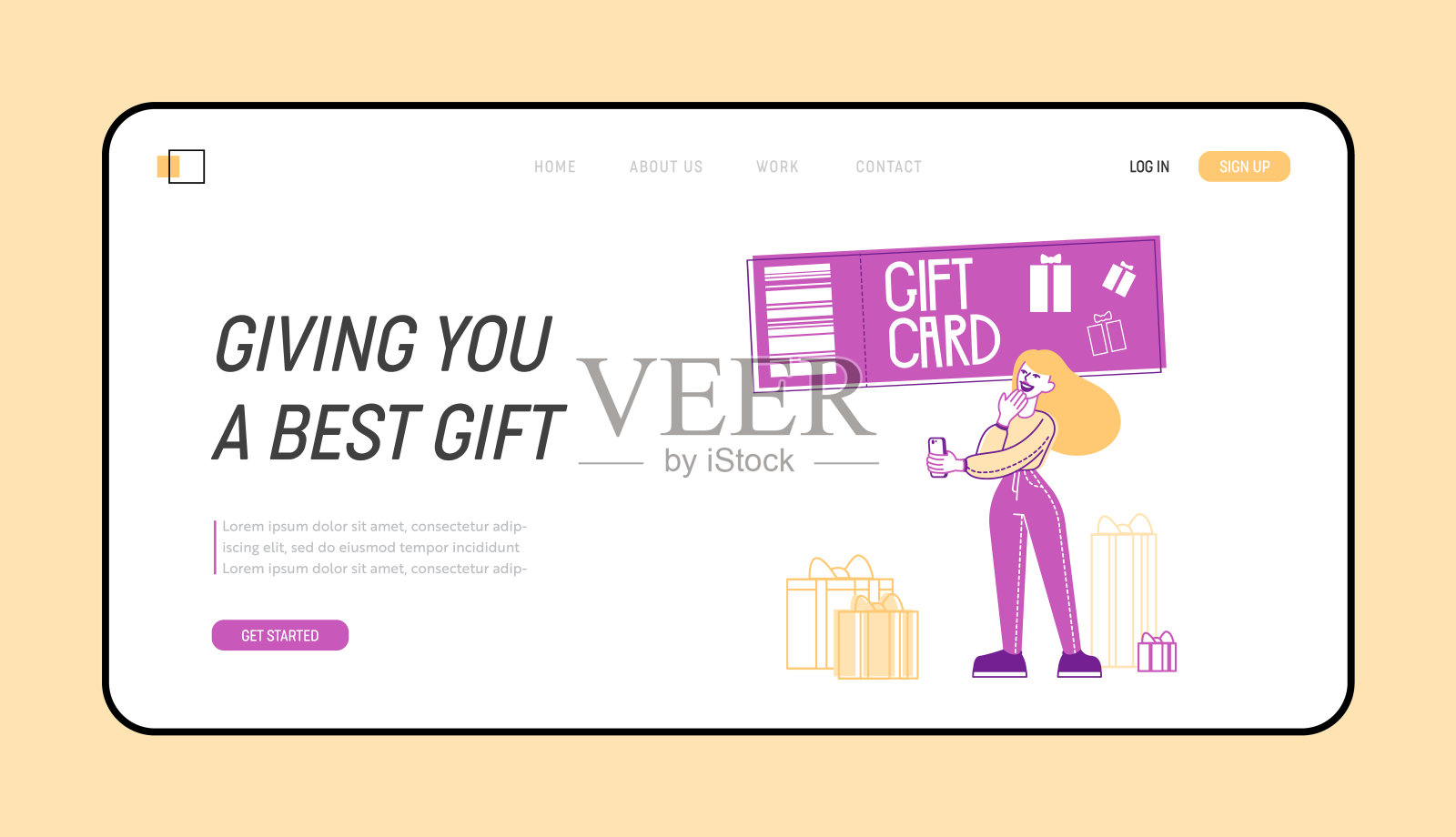 节日销售和购物促销提供登陆页面模板。女性角色与智能手机站旁边的盒子和巨大的礼品卡。女人用优惠券买东西。线性向量插图插画图片素材