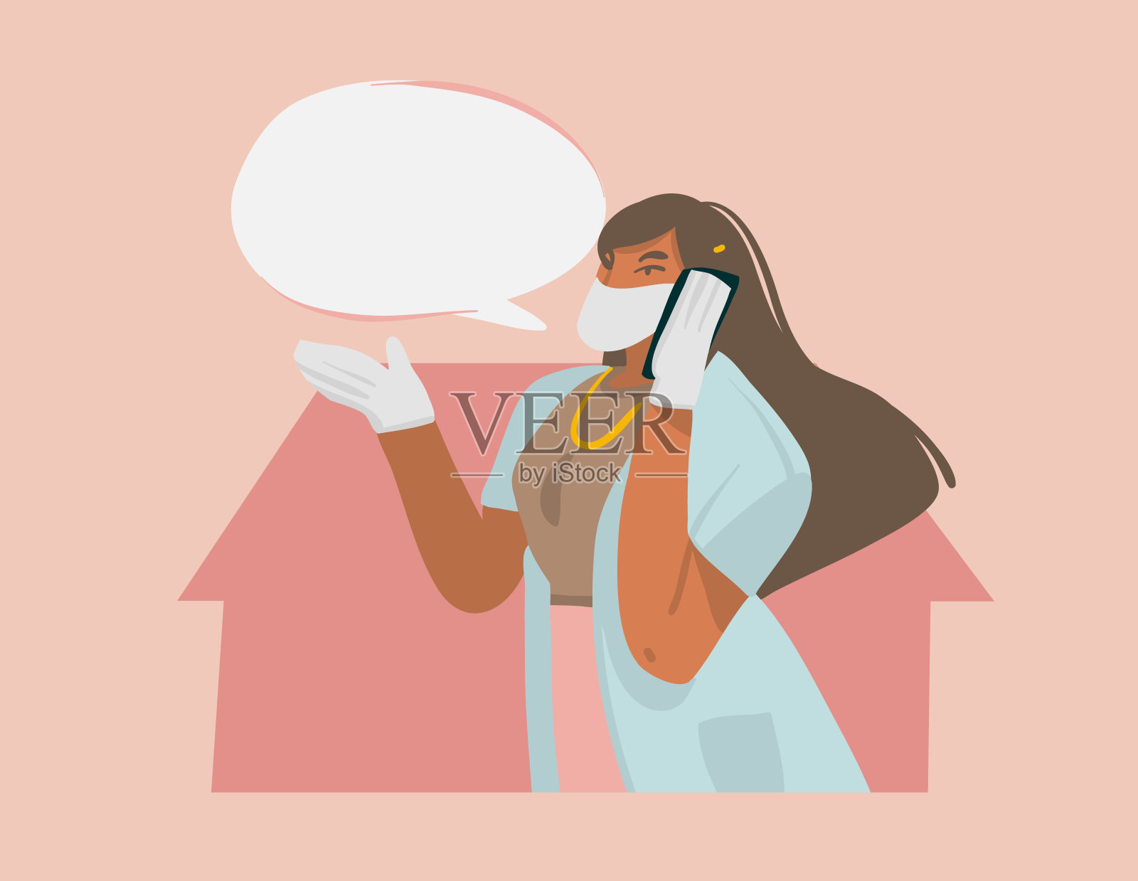 手绘矢量股票抽象图形插图与女医生通过电话给出建议,良好保护在医院口罩和手套隔离的颜色背景插画图片素材