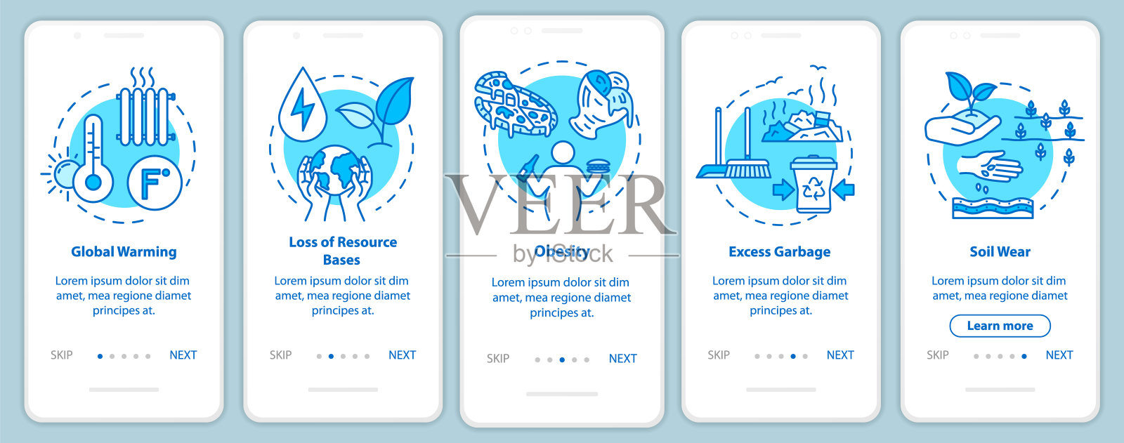 过度使用带有概念的手机应用页面屏幕。全球变暖,土壤磨损。消费主义的5个步骤图解说明。UI矢量模板与RGB颜色的插图插画图片素材