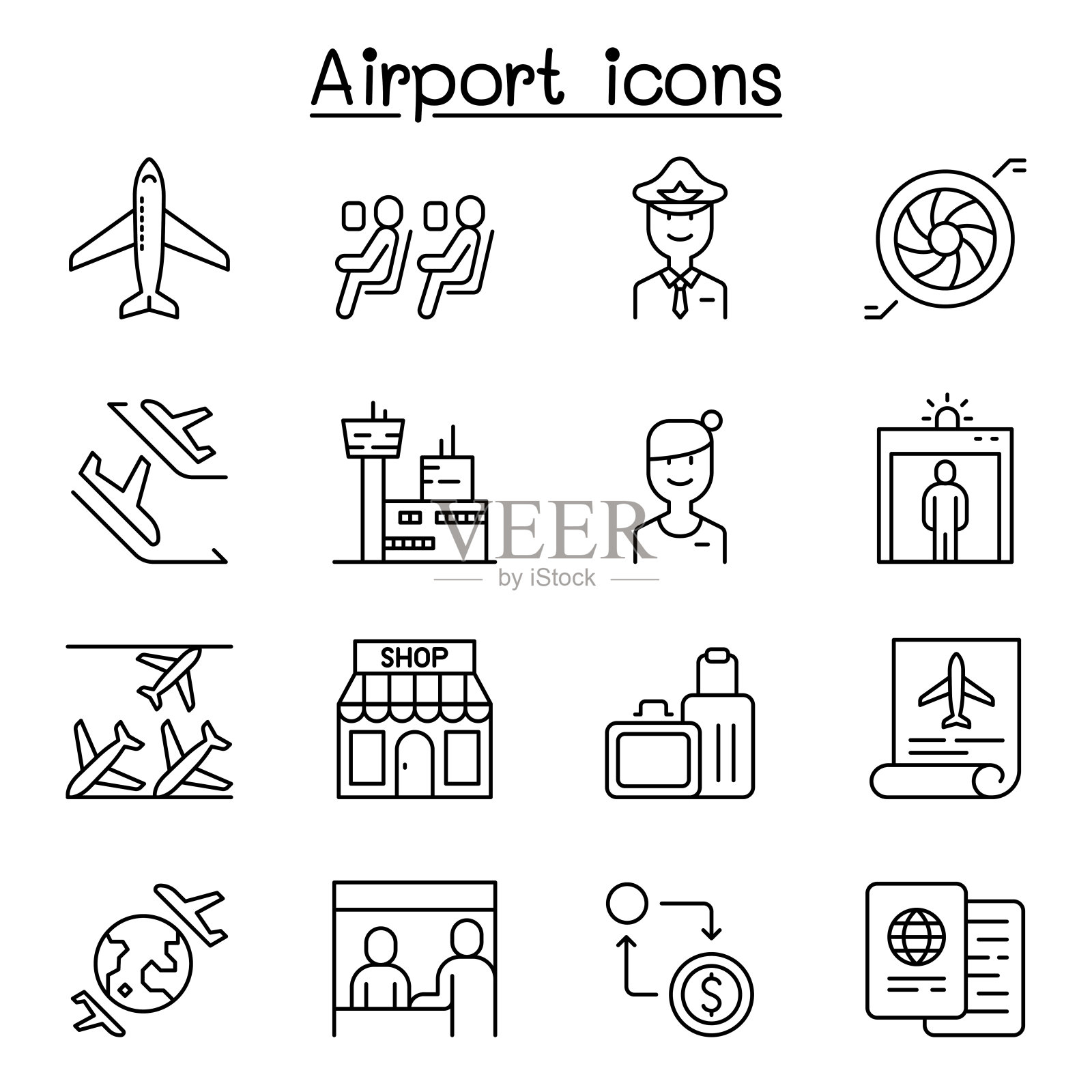 机场图标设置在细线风格图标素材