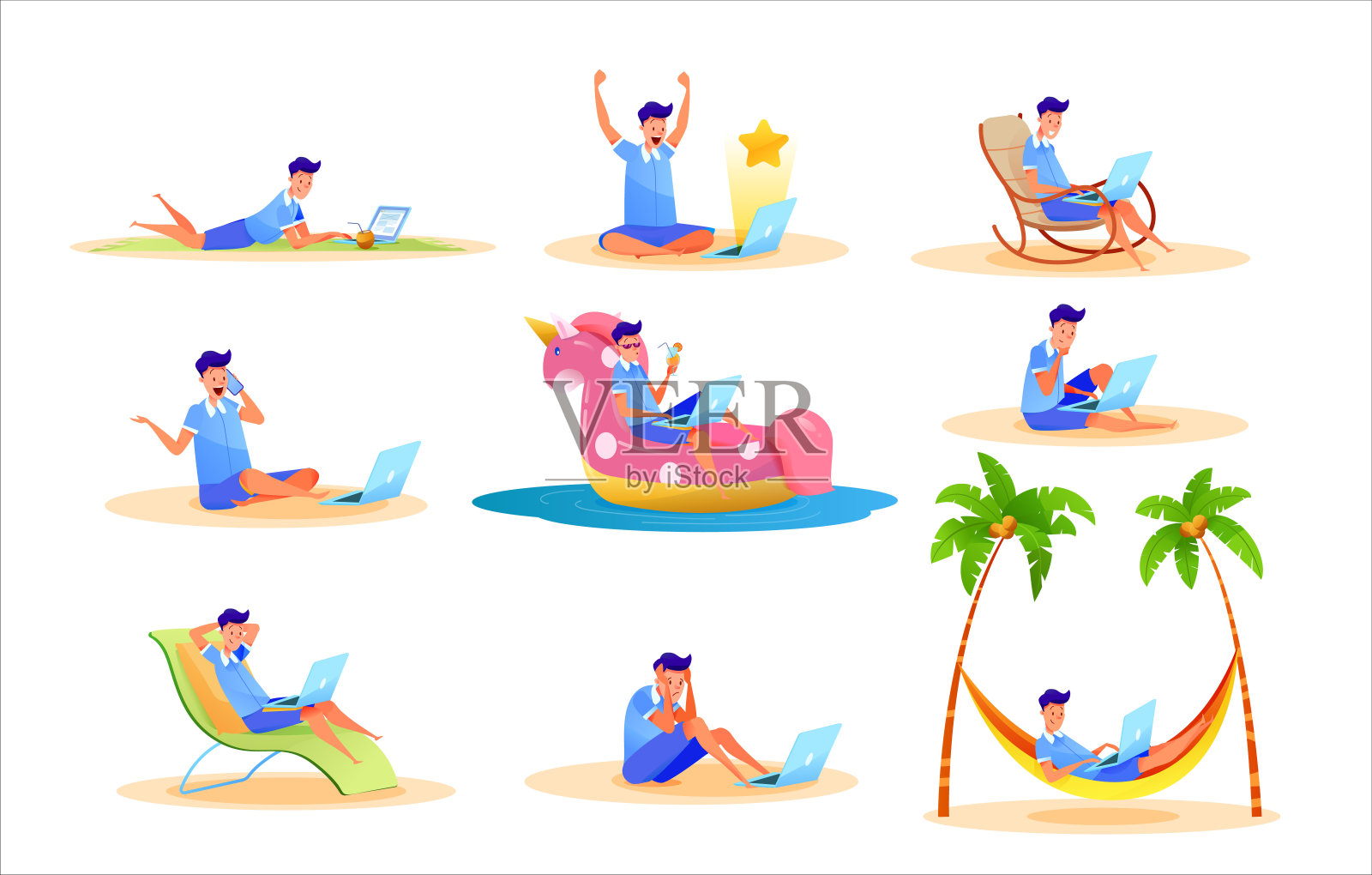 矢量人自由职业者充气独角兽笔记本电脑插画图片素材