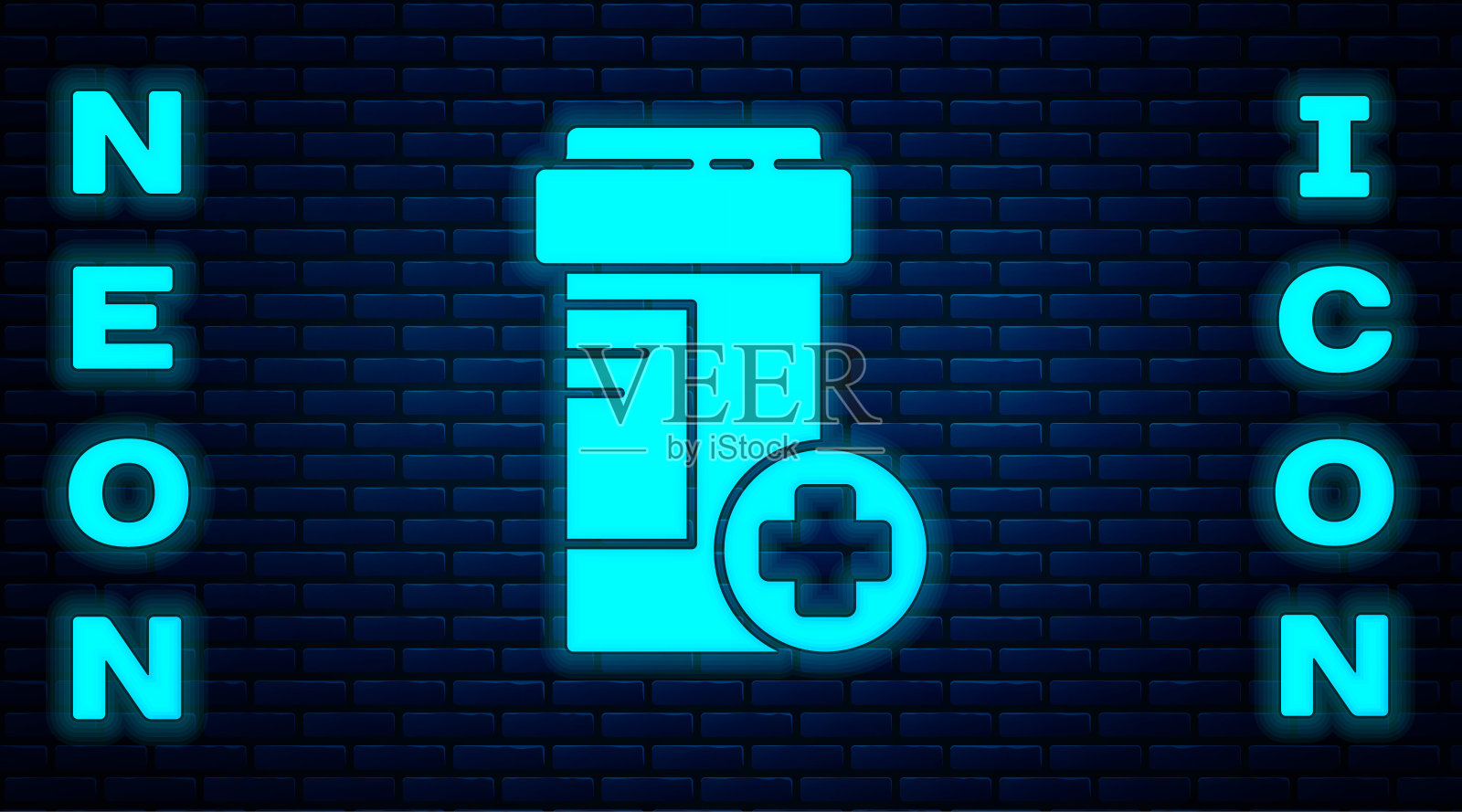 发光的霓虹灯药瓶图标孤立在砖墙的背景上。瓶药丸的迹象。药店的设计。矢量图插画图片素材