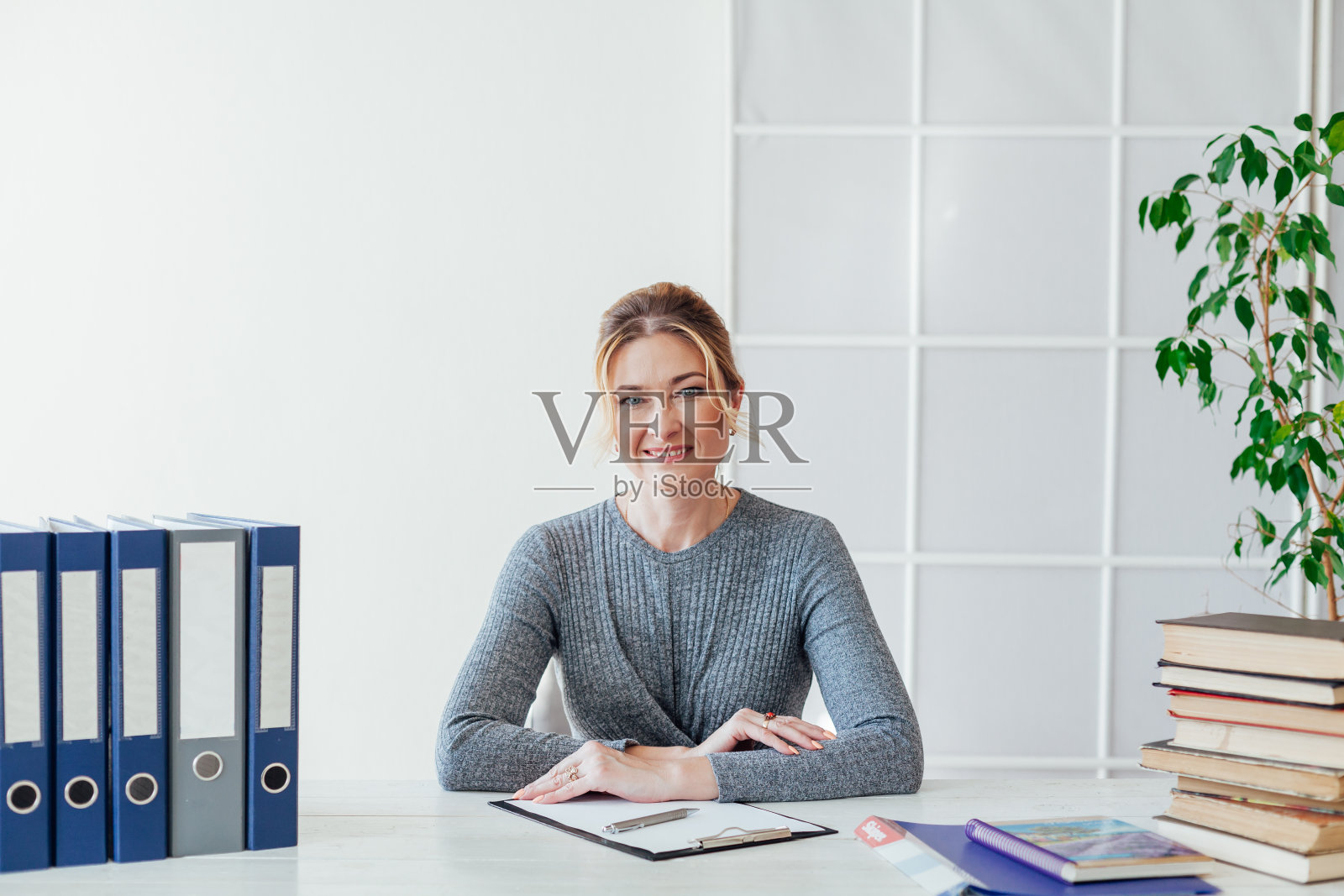 一个女商人的肖像在桌子上与书和文件在办公室工作照片摄影图片