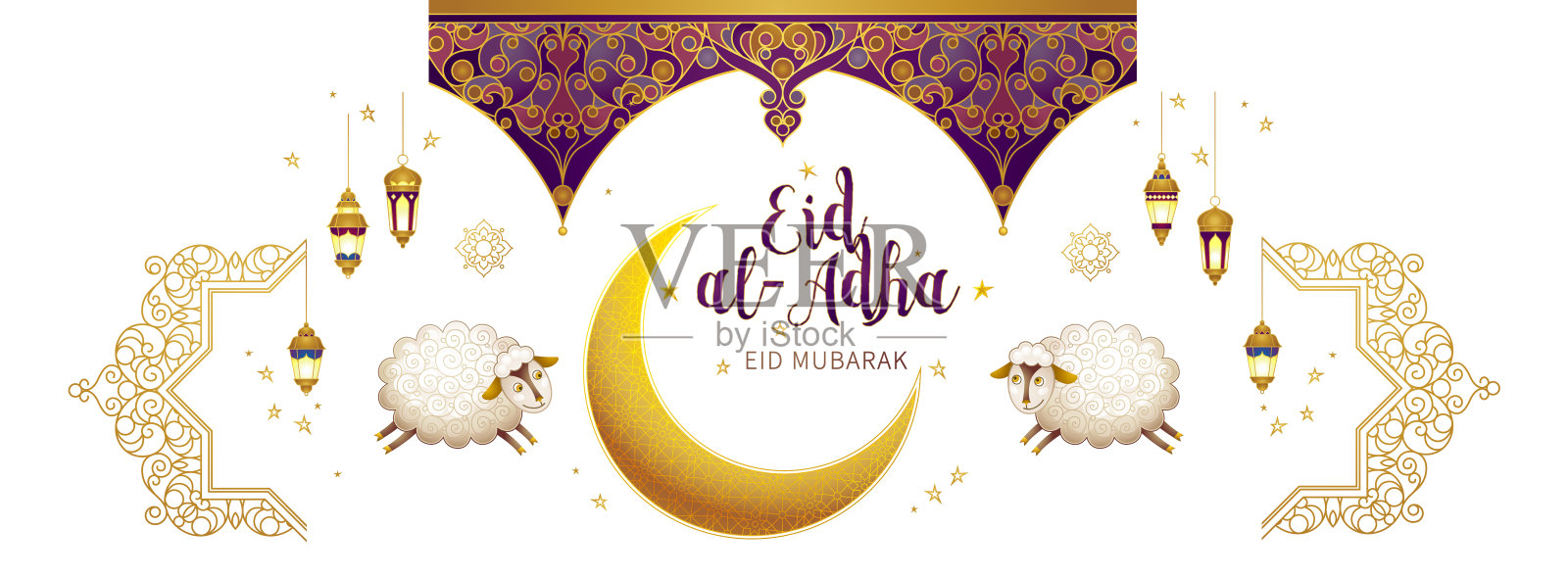 矢量集与阿拉伯元素,字母为斋月问候,宰牲节,宰牲节穆巴拉克卡片。设计模板素材