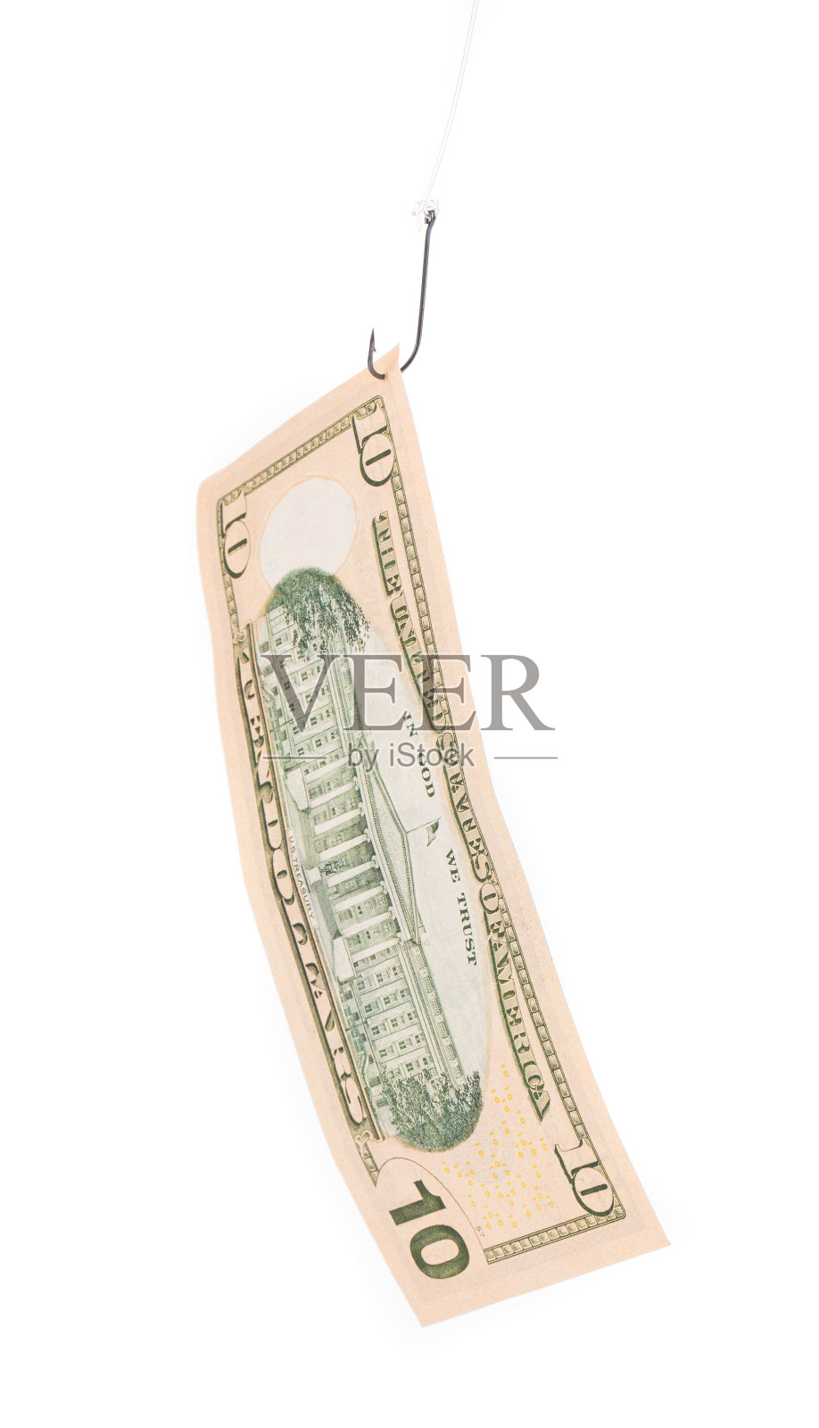 钩上的十美元钞票。照片摄影图片