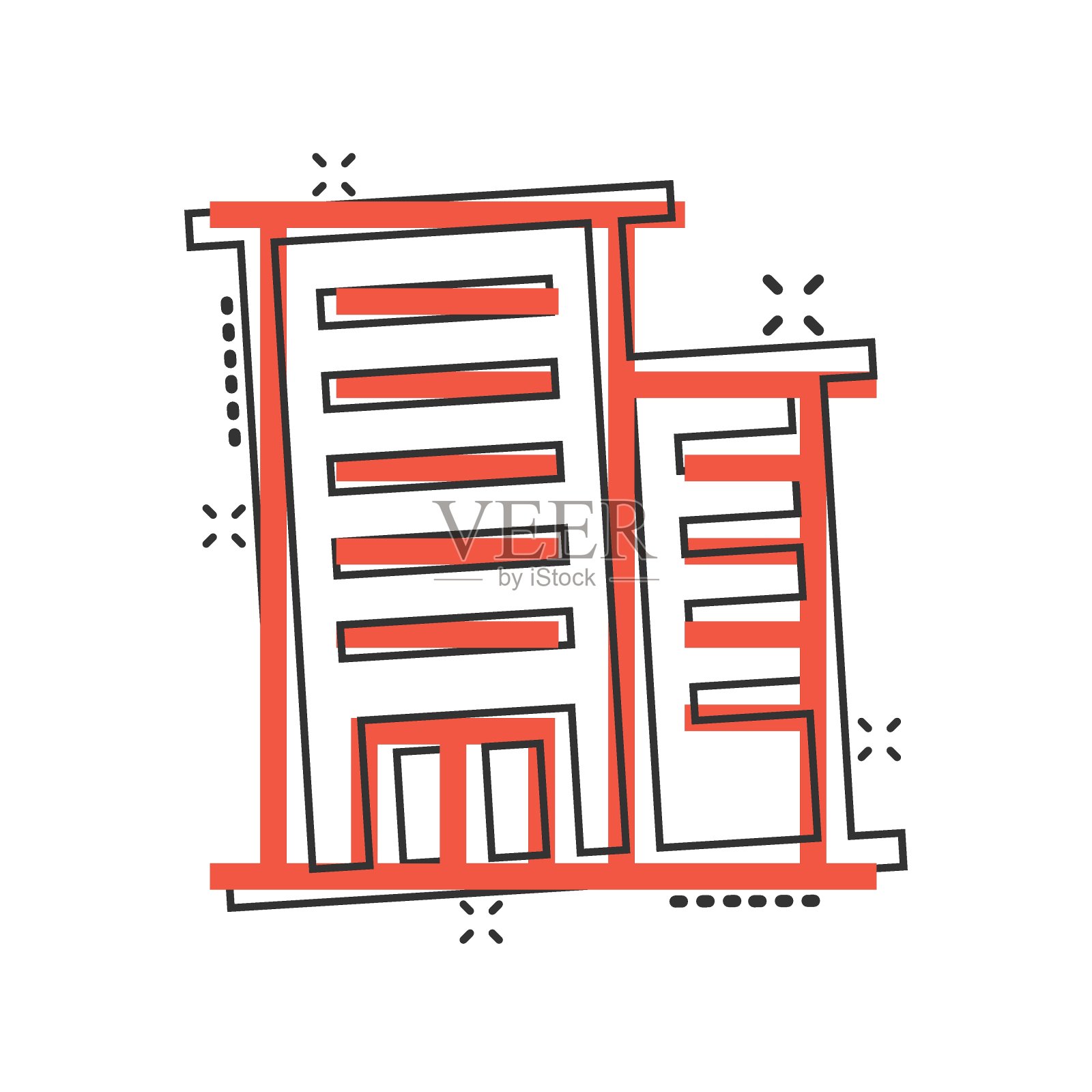 以漫画风格构建图标。城市摩天大楼公寓卡通矢量插图在白色孤立的背景。城塔飞溅效应经营理念。插画图片素材