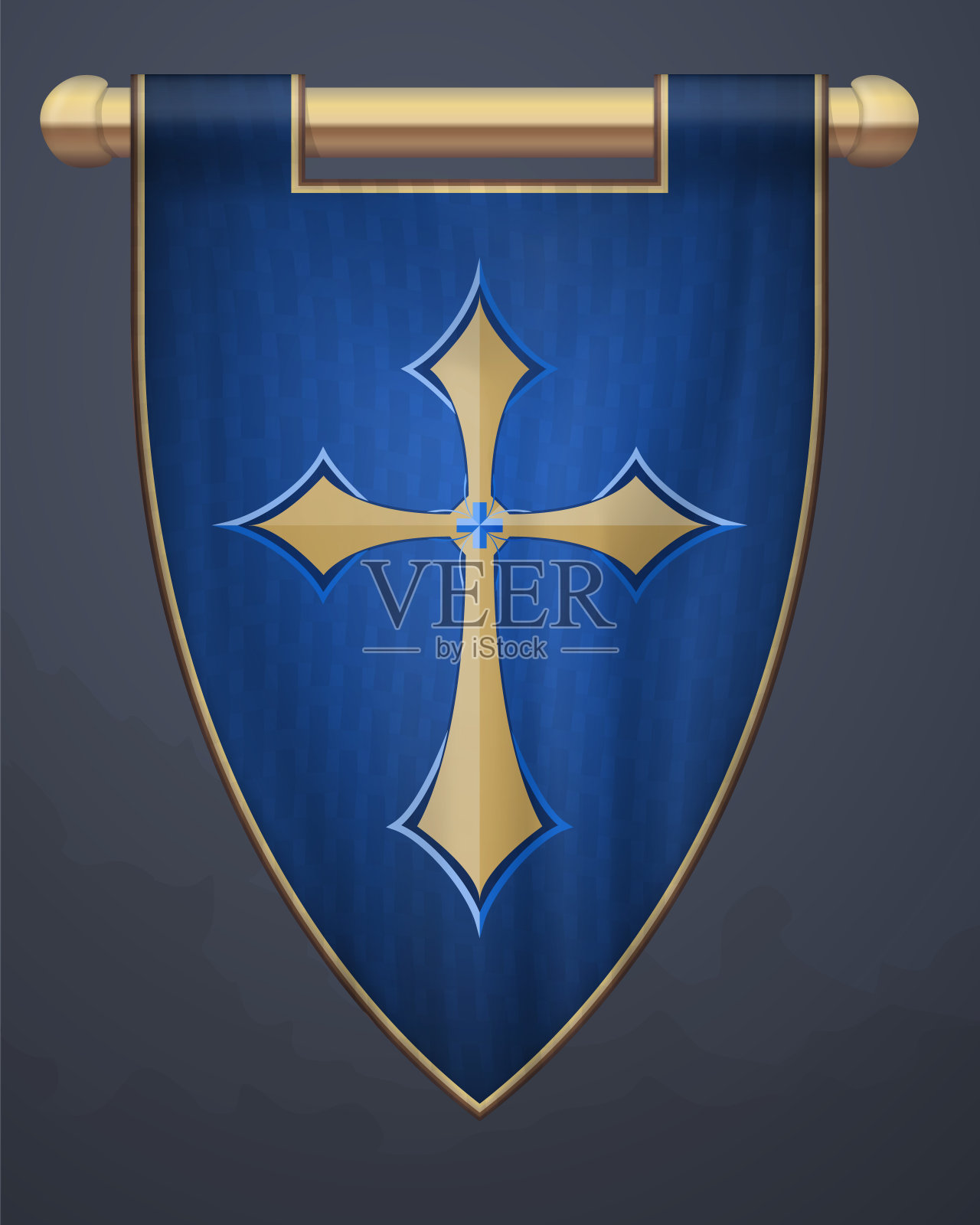 中世纪垂直旗帜与十字架。墙绞刑国旗。游戏中的三角旗,带有易于更换的徽章。向量模型插画图片素材