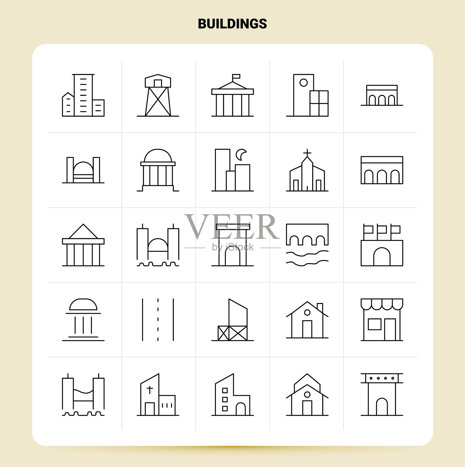 轮廓25个建筑图标设置线条风格设计图标素材