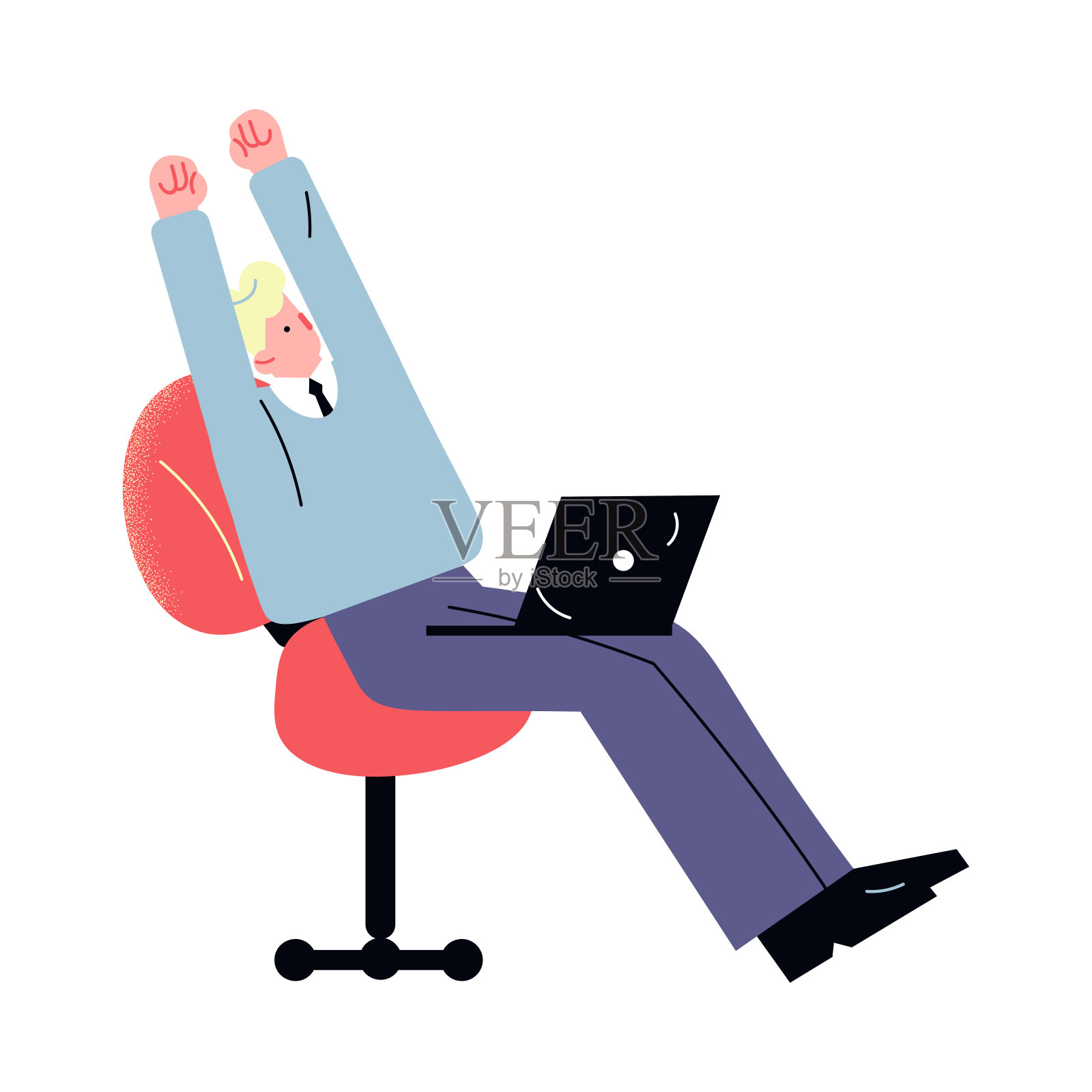 在办公室做电脑工作时,打着领带的男人伸懒腰插画图片素材