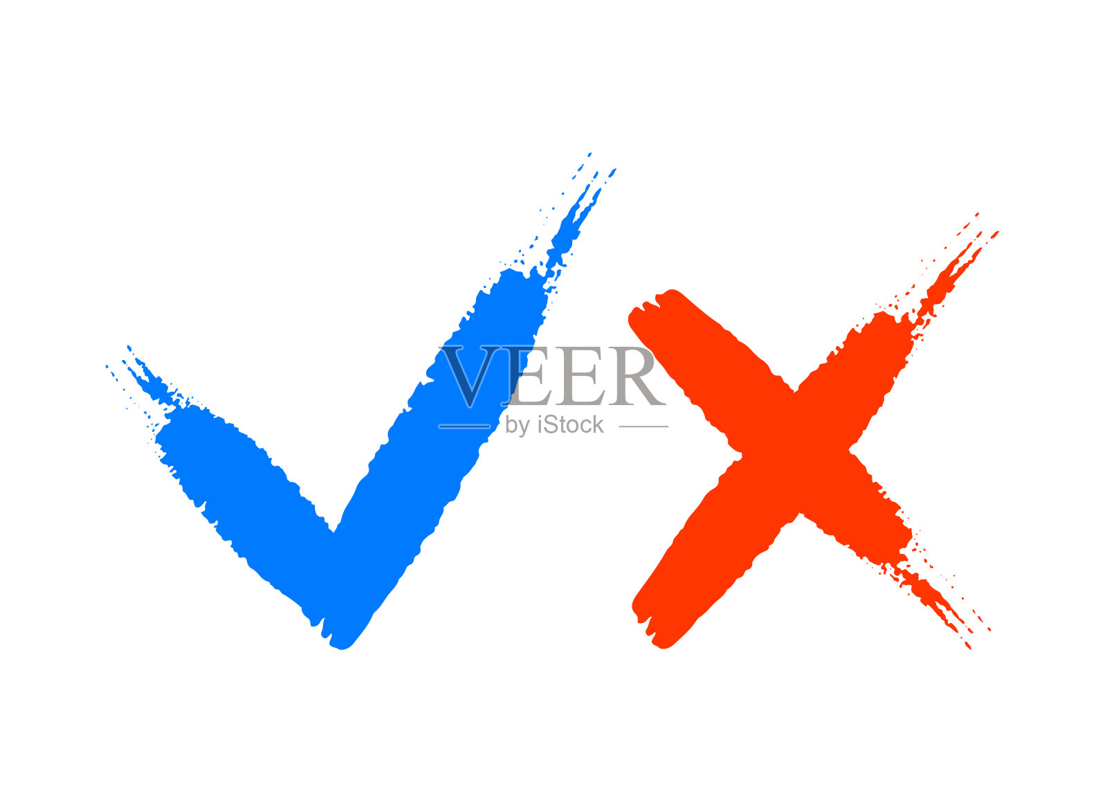 手工绘制的蓝色checkmark和红十字孤立在白色的背景。正确和错误的图标。勾选标记,X,是,否,图标,图形,符号,矢量。插画图片素材