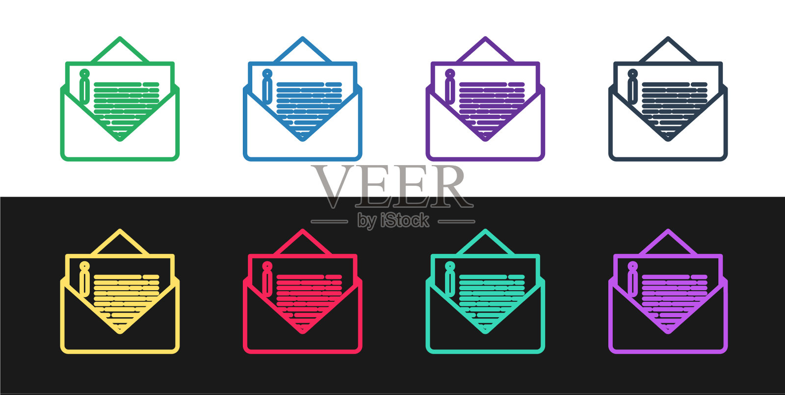 设置线信封图标隔离在黑色和白色图标素材