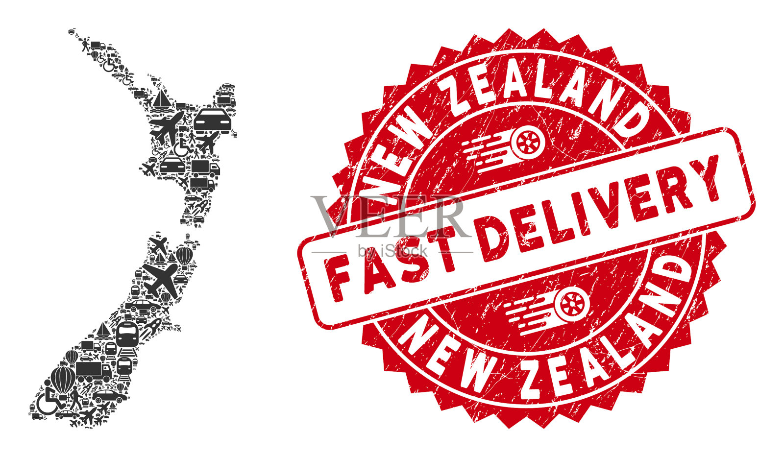 装运拼贴新西兰地图与划痕插画图片素材