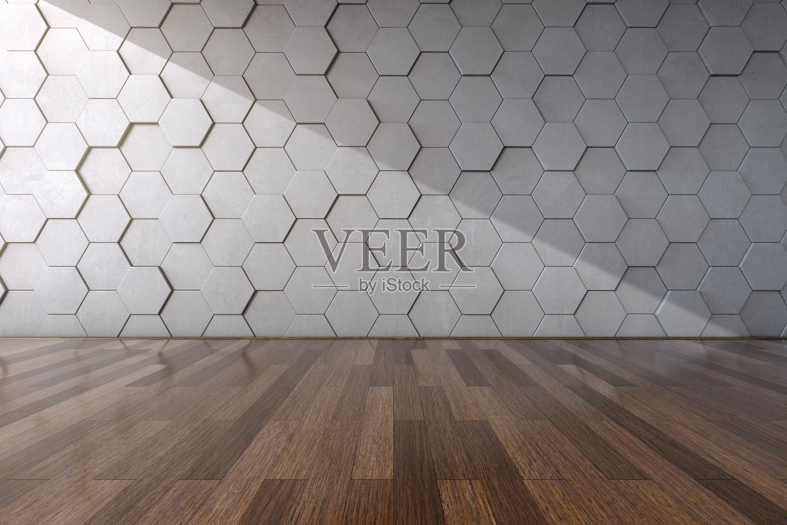 六角形混凝土墙的三维渲染在现代室内与木地板,室内建筑与最小的概念照片摄影图片