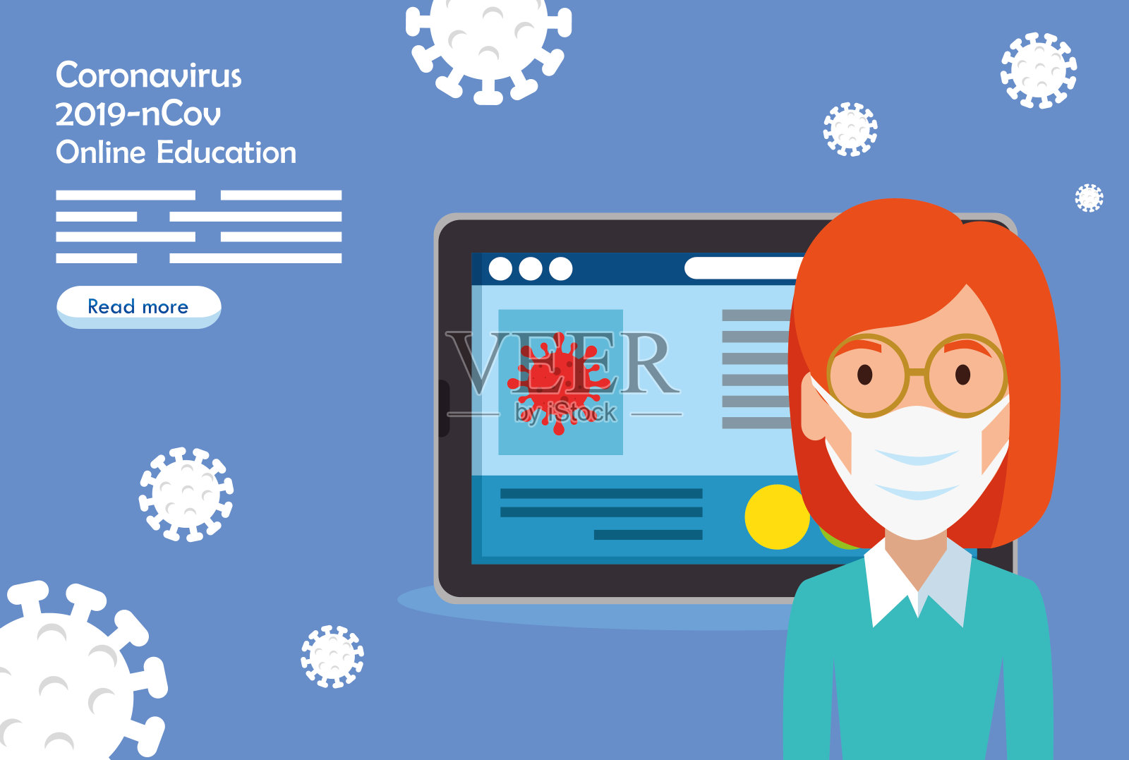 在线教育与妇女使用口罩插画图片素材