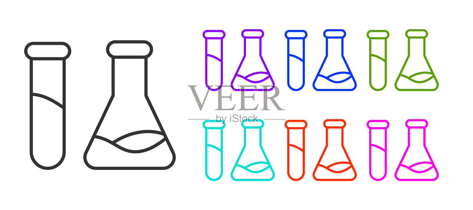 黑线试管和烧瓶-化学实验室测试图标隔离在白色背景上。实验室玻璃器皿。设置图标丰富多彩。矢量图插画图片素材