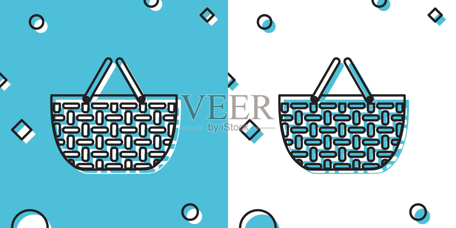 黑色购物篮图标孤立在蓝色和白色的背景。网上购物的概念。送货服务信号。购物车的象征。随机动态形状。矢量图插画图片素材