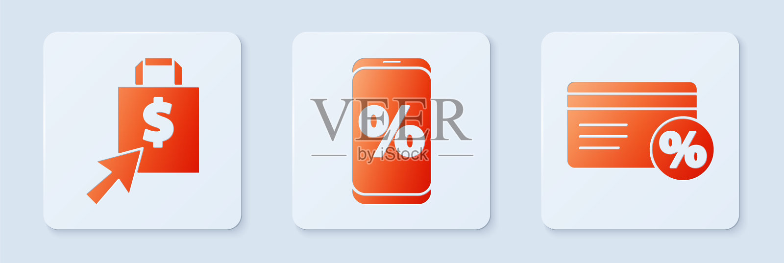 设置百分比折扣和手机,购物袋和美元和折扣卡与百分比。白色正方形按钮。向量插画图片素材