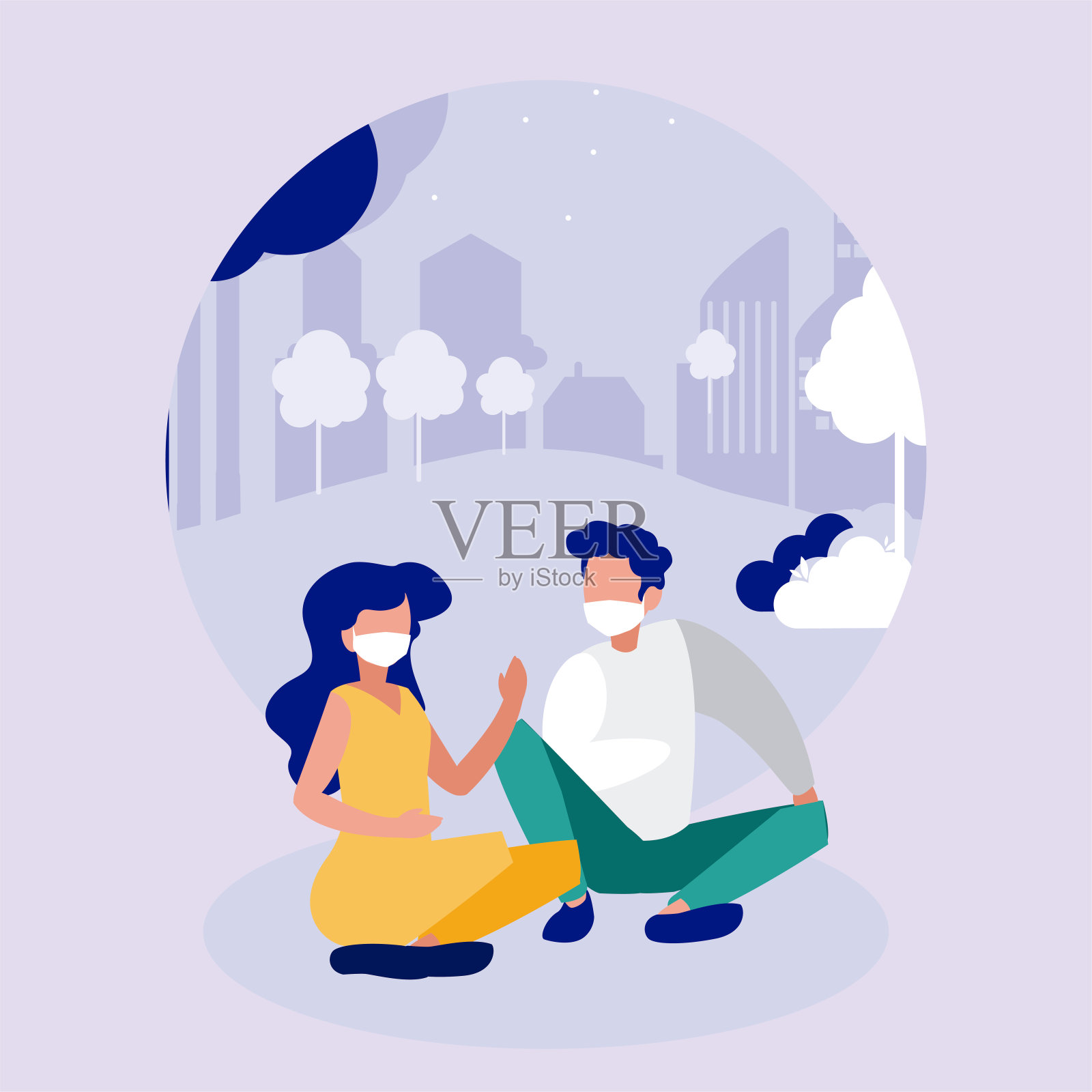 女人和男人戴着面具在公园前城市建筑矢量设计插画图片素材