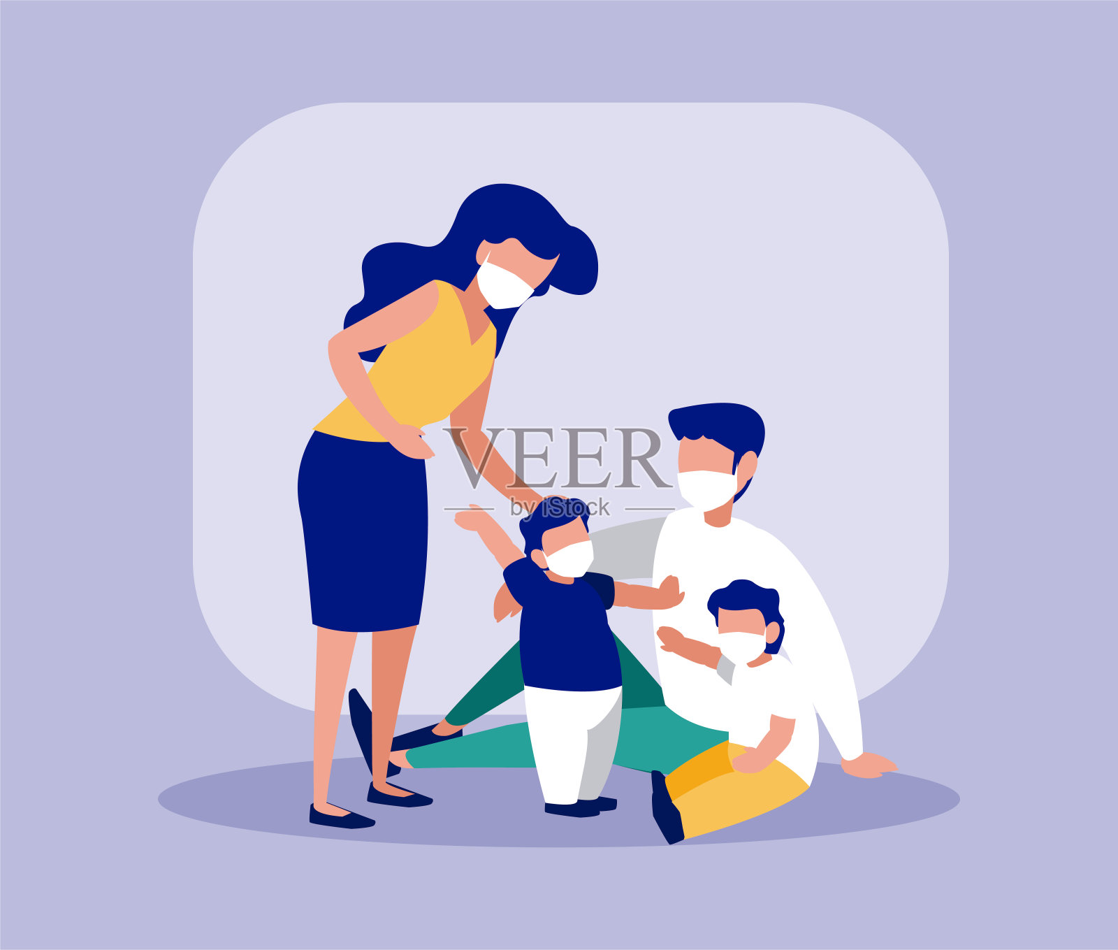 Family with masks front frame vector设计插画图片素材