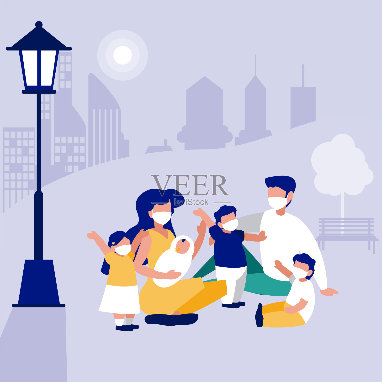 用口罩在公园前的城市矢量设计插画图片素材