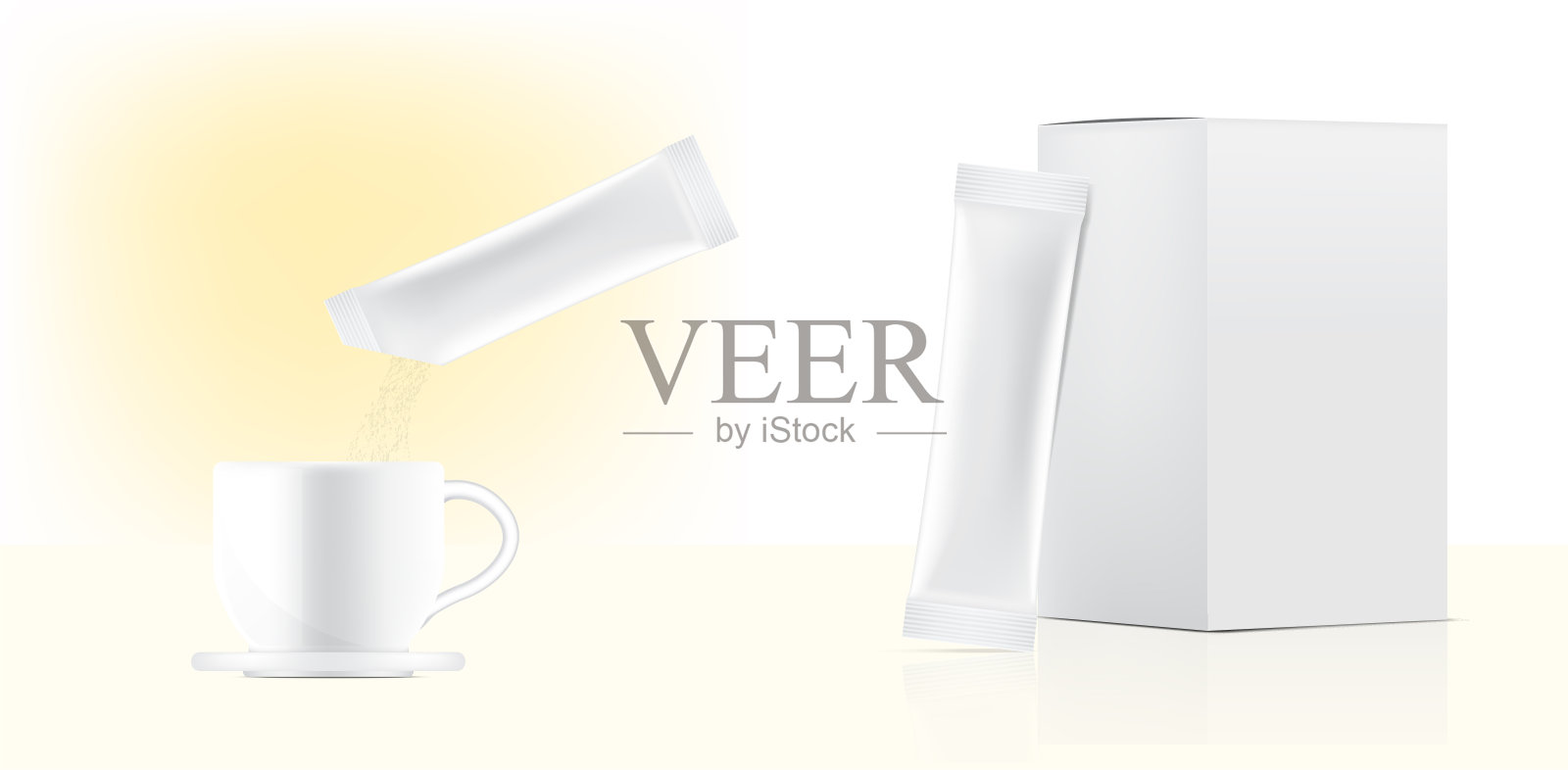 3D光滑贴袋模型和倒粉杯与纸盒隔离在白色背景。矢量插图。食品饮料包装概念设计。插画图片素材