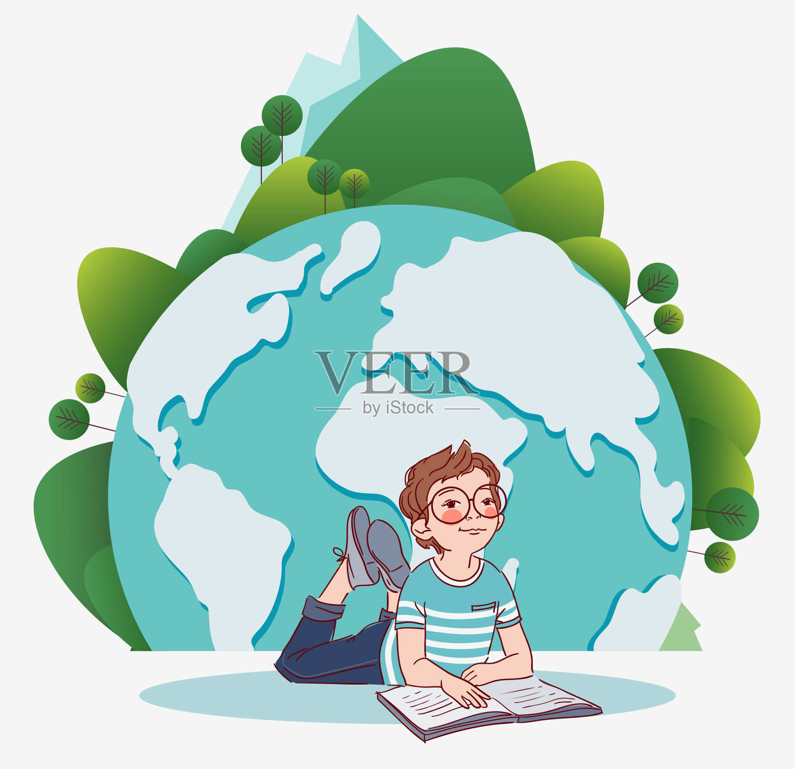 读书的可爱小男孩。世界地图背景插画图片素材