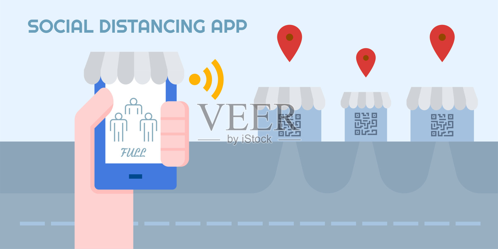 社交距离应用在线查询前,得到商店矢量插图设计。插画图片素材