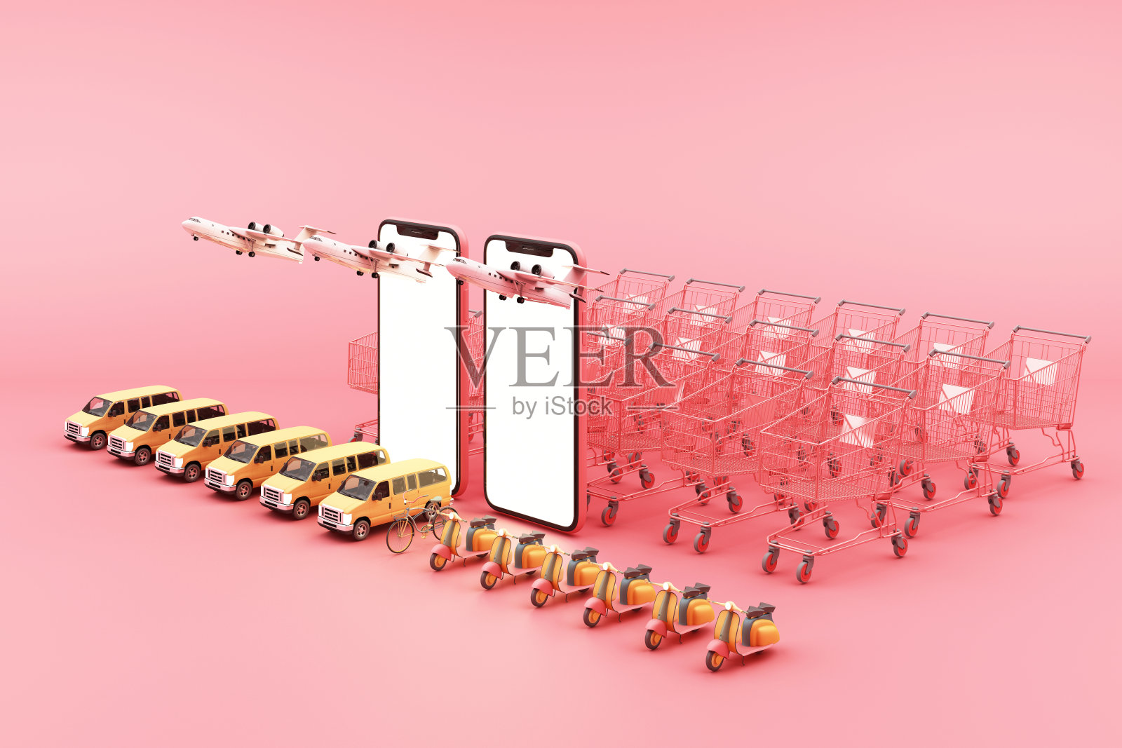 移动电子商务概念上的摩托车和货车快速送货在线订购与购物车在粉红色的背景3d渲染照片摄影图片