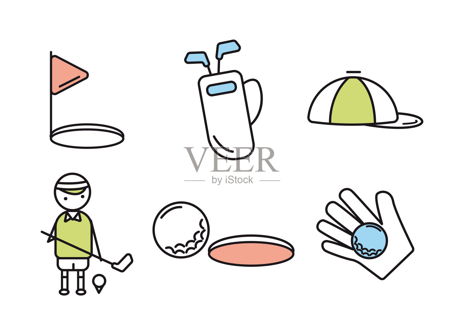 高尔夫球图标。高尔夫徽章。高尔夫球图标集。球在洞附近。旗杆在洞附近。一袋球杆。高尔夫球戴在手套上。高尔夫球手在球架上有一根球棒的高尔夫球手插画图片素材