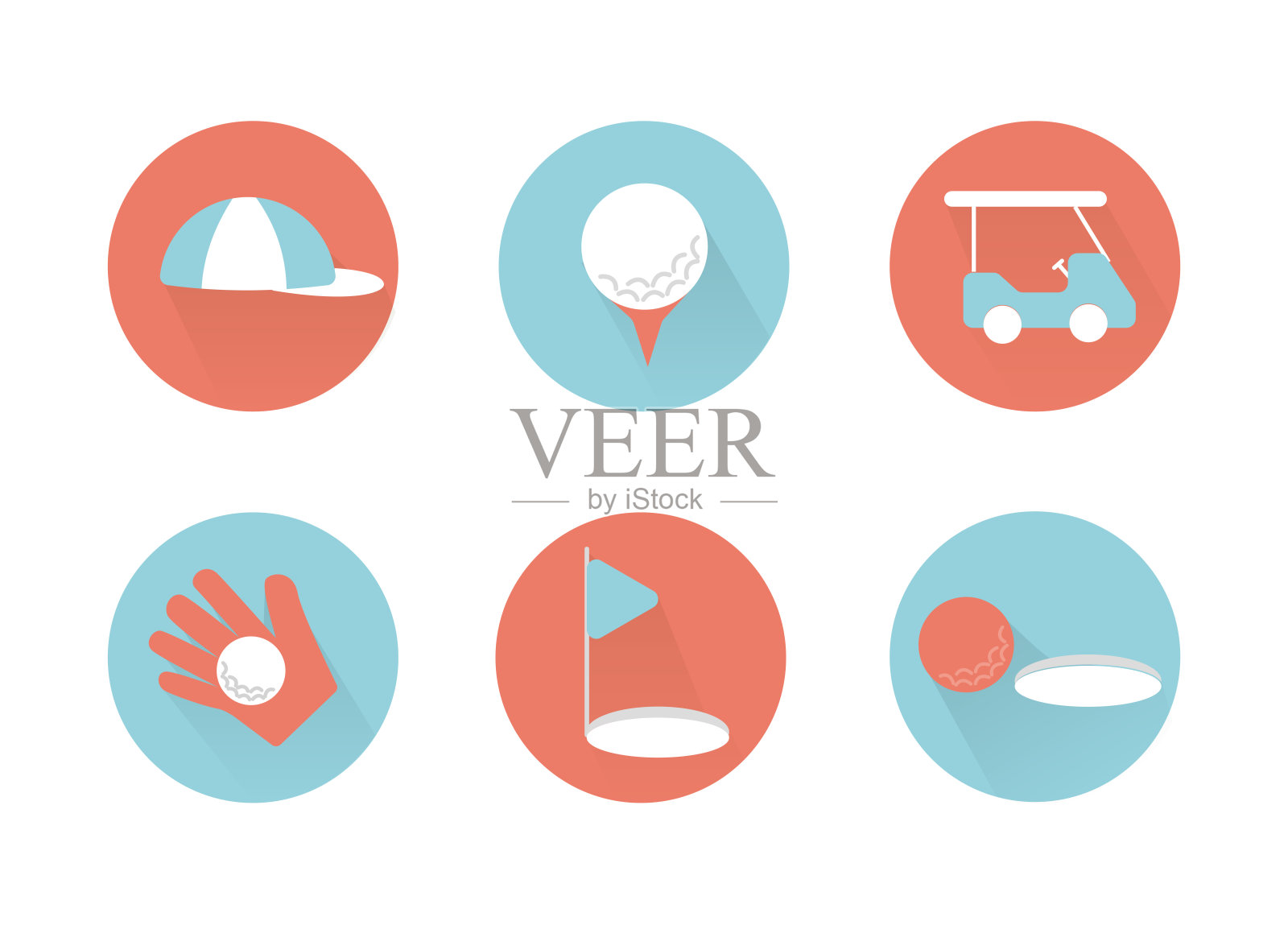 高尔夫球图标。彩色高尔夫图标。高尔夫球图标集。把球放在看台上。帽,高尔夫球车。手套上的球。球在洞附近。旗杆靠近洞插画图片素材