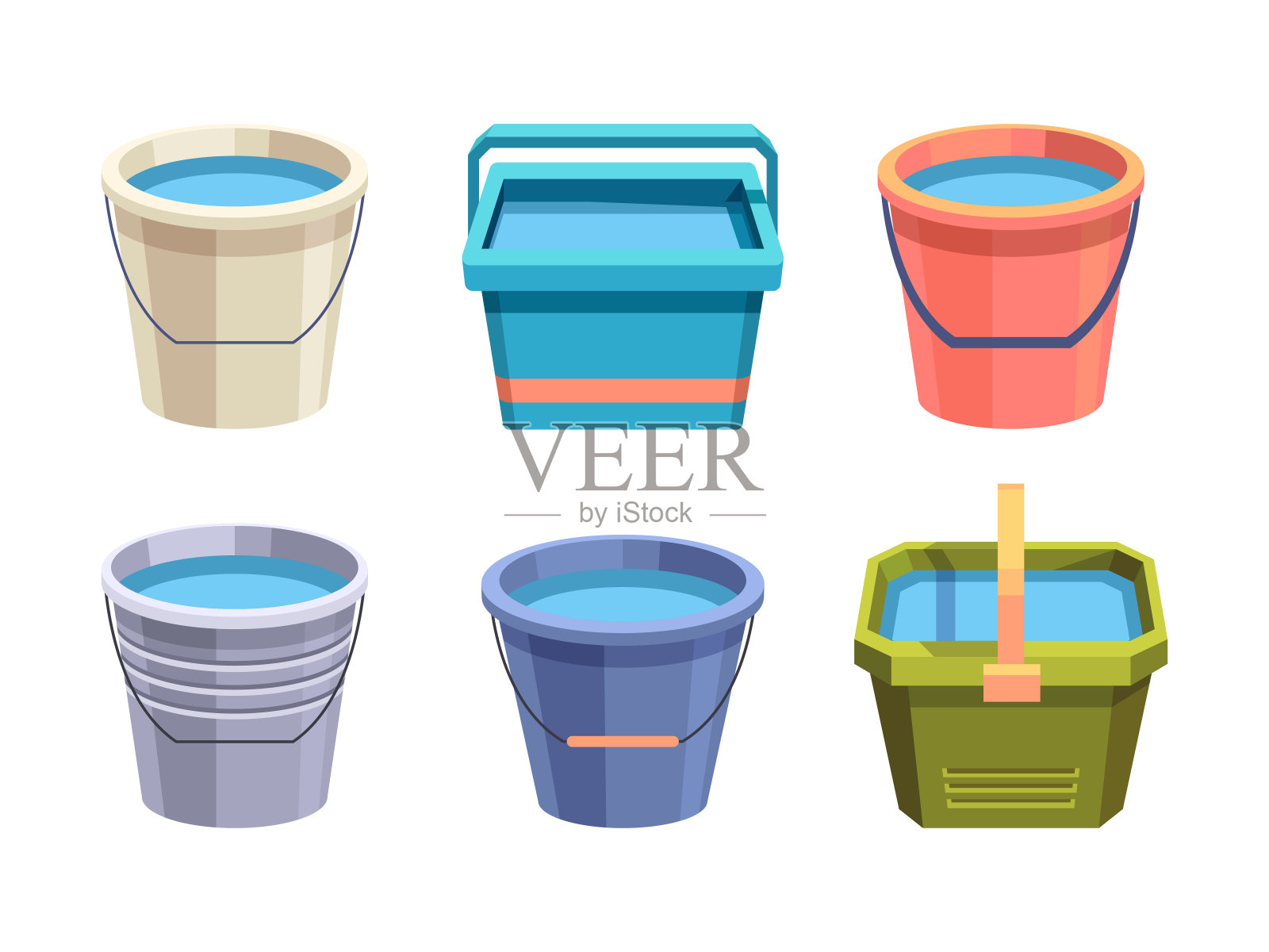 桶。金属和塑料桶容量容器,手柄红绿蓝,装满水用于园艺和家庭。剪纸艺术矢量图形。插画图片素材